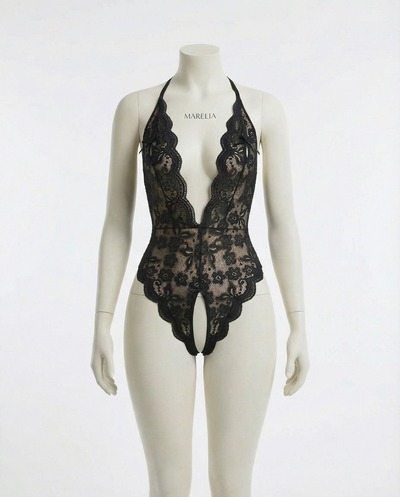 Black Lace Halter Crotchless Teddy With Open Back - MARELIA