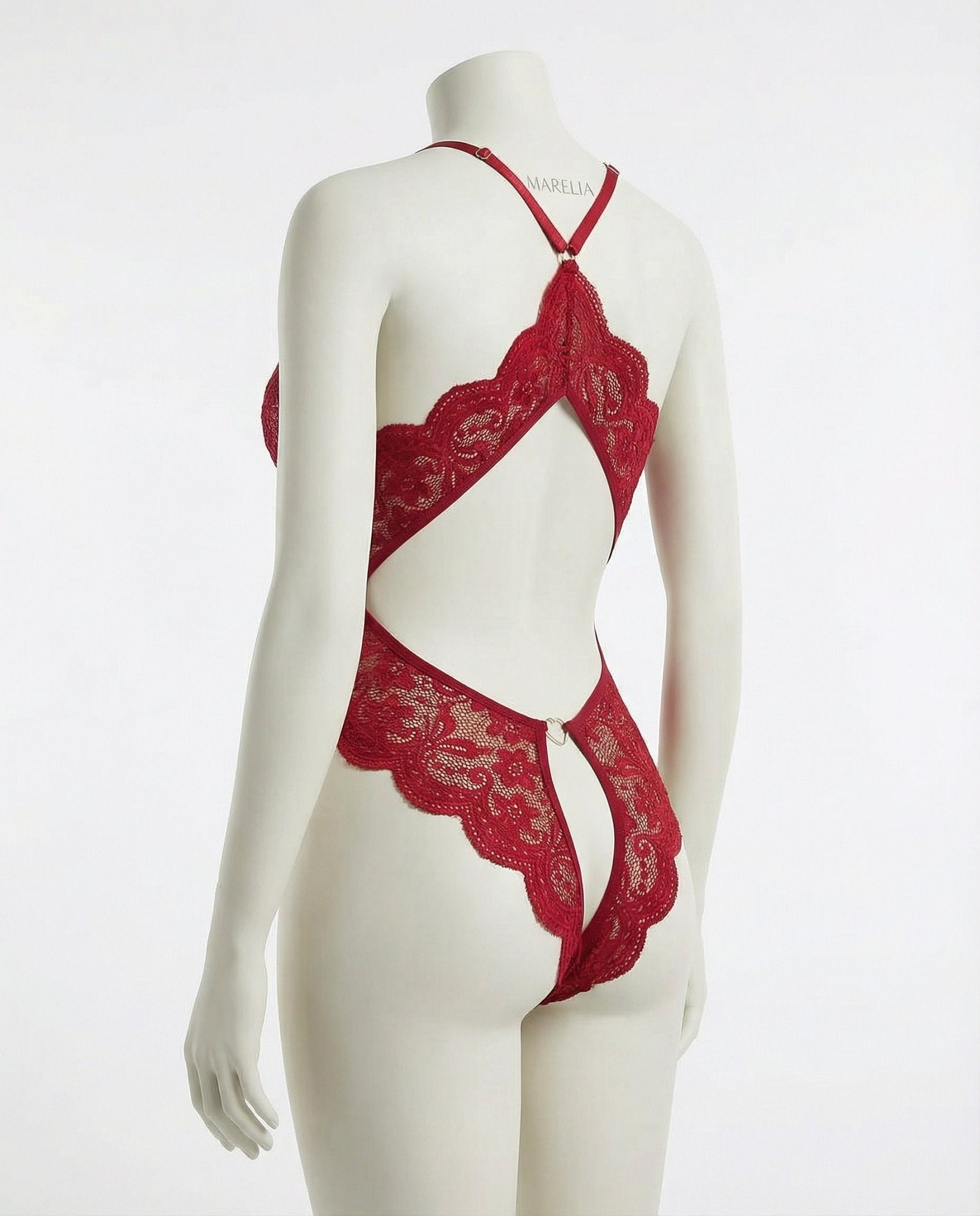 Burgundy Lace Halter Crotchless Teddy With Open Back - MARELIA