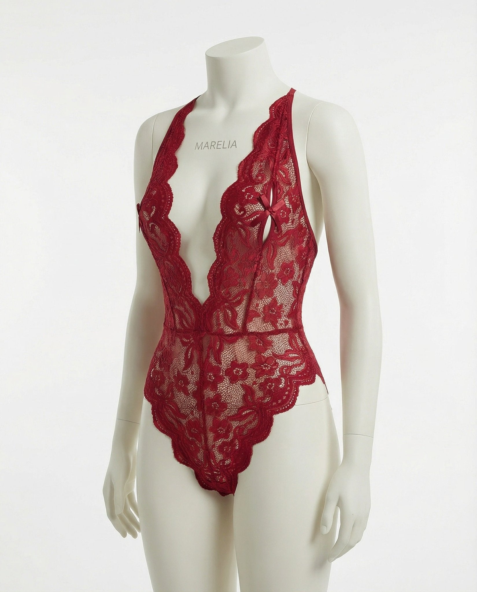 Burgundy Lace Halter Crotchless Teddy With Open Back - MARELIA