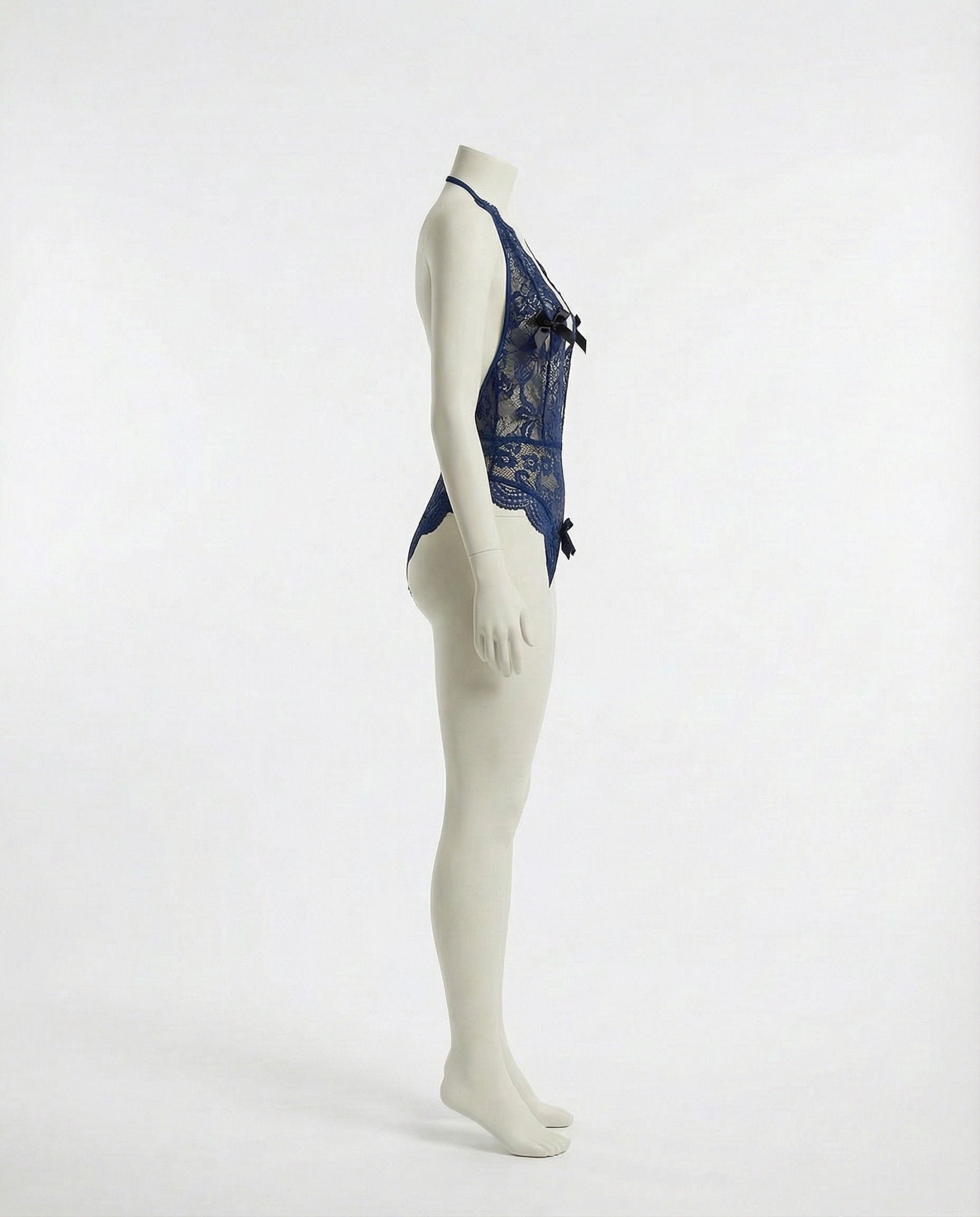 Navy Lace Halter Crotchless Teddy With Open Back - MARELIA