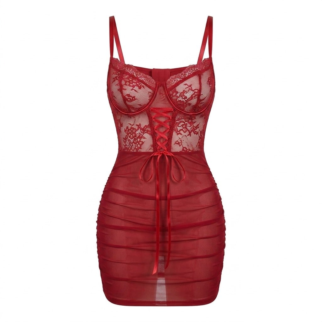 Burgundy Lace Underwired Ruched Mesh Mini Chemise - MARELIA