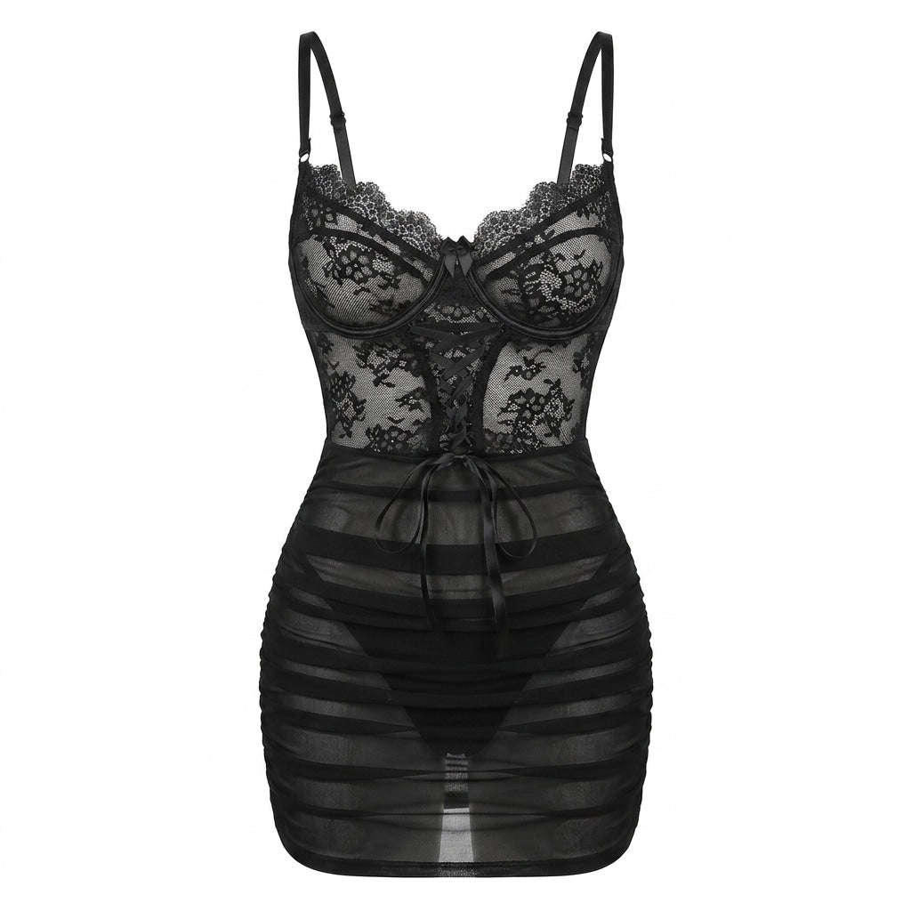 Black Lace Underwired Ruched Mesh Mini Chemise - MARELIA