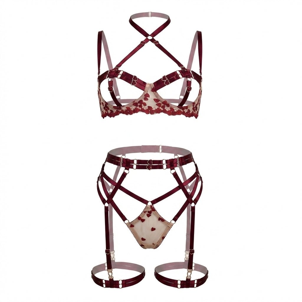 Burgundy Strappy Open Cup Harness Lingerie Set - MARELIA