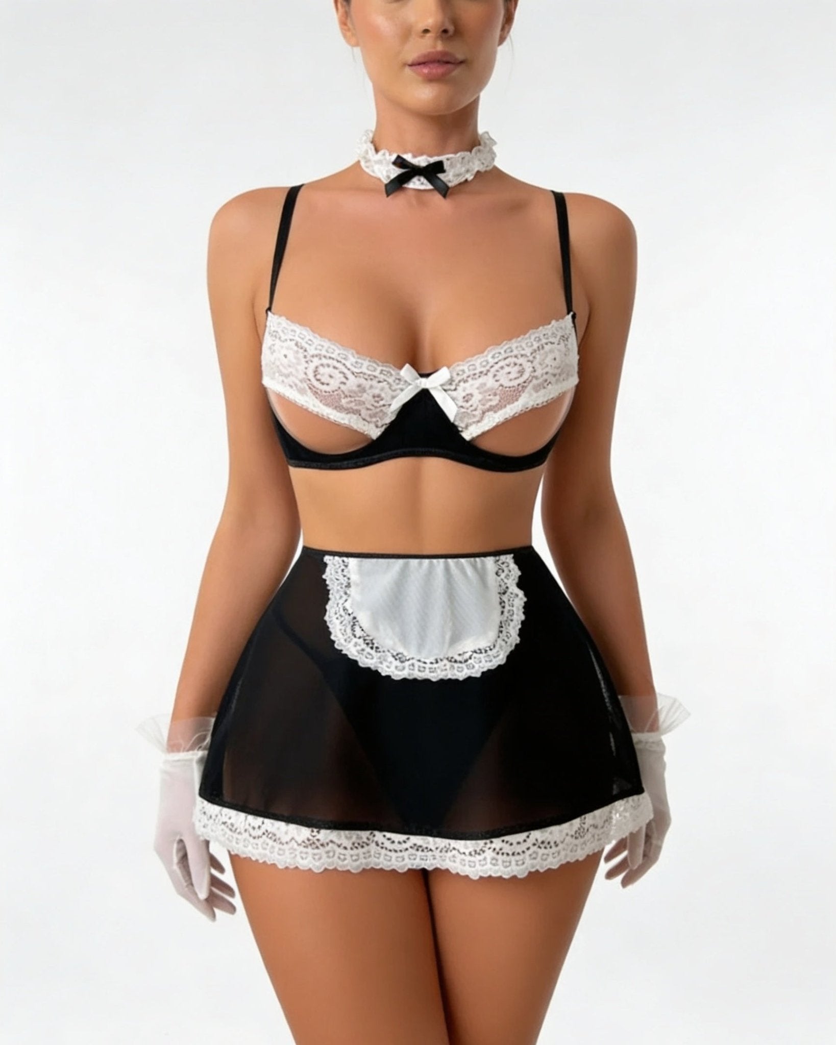 Black & White Open Cup Mesh Maid Costume Set - MARELIA