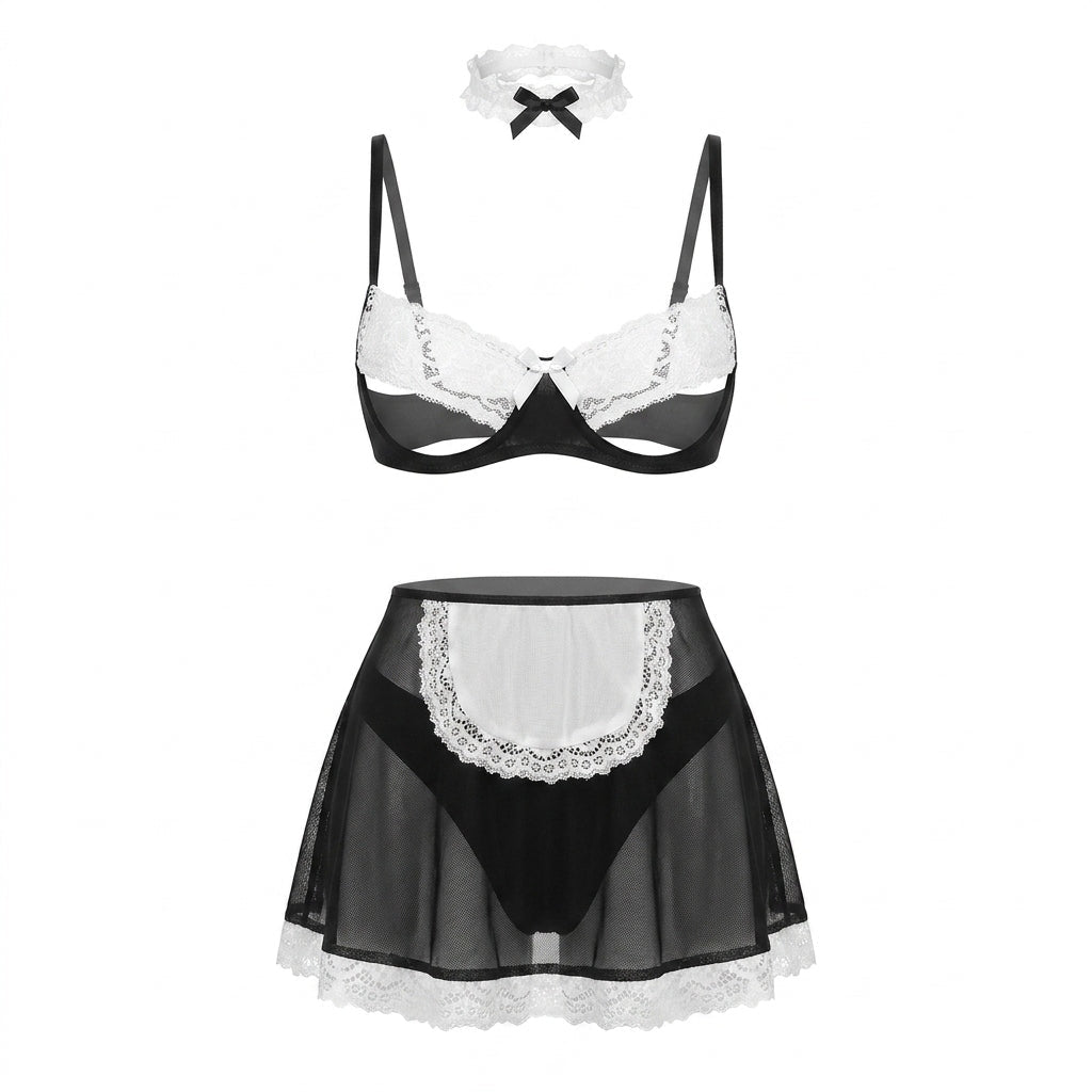Black & White Open Cup Mesh Maid Costume Set - MARELIA