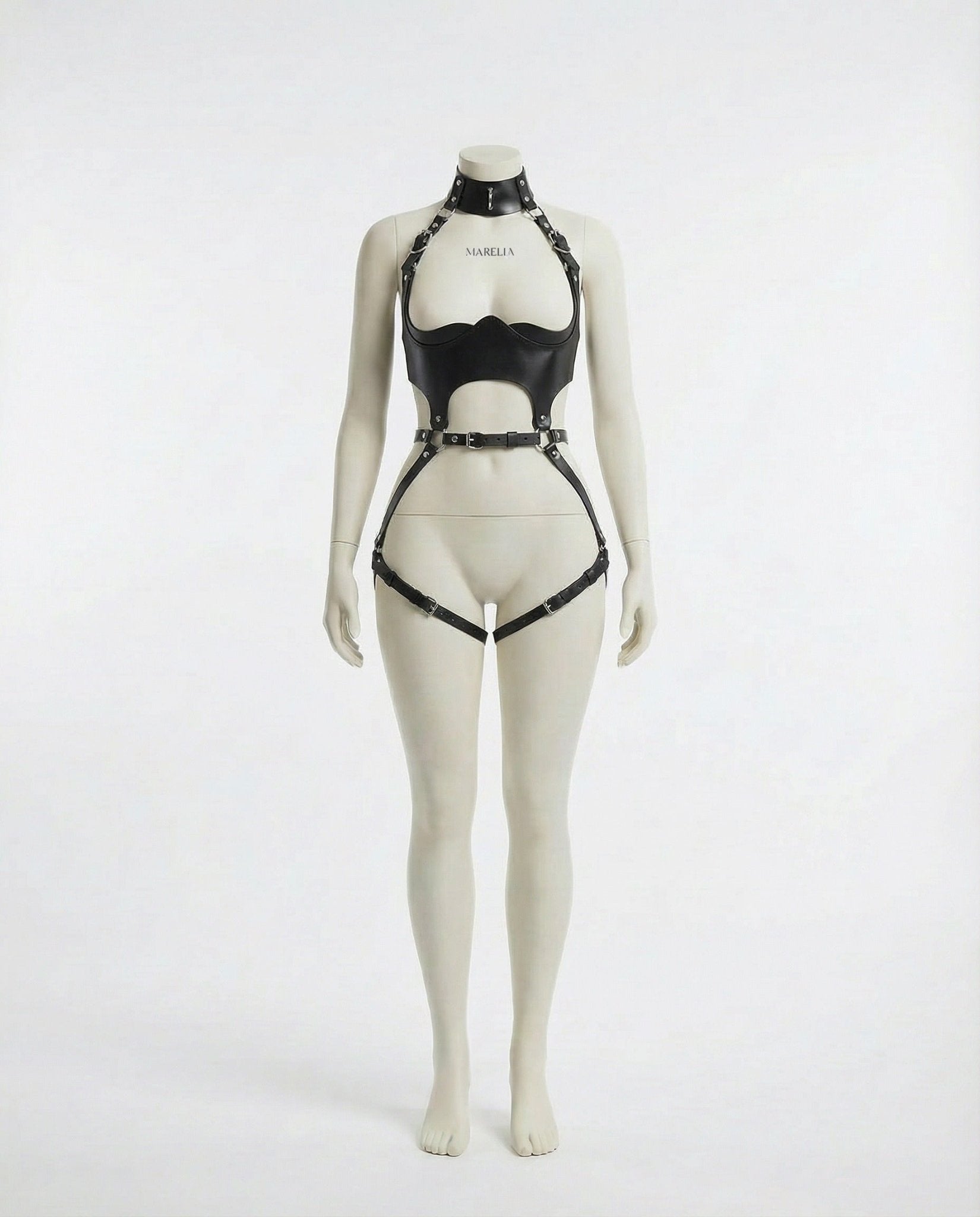 Black Open Cup PU Leather Body Harness - MARELIA