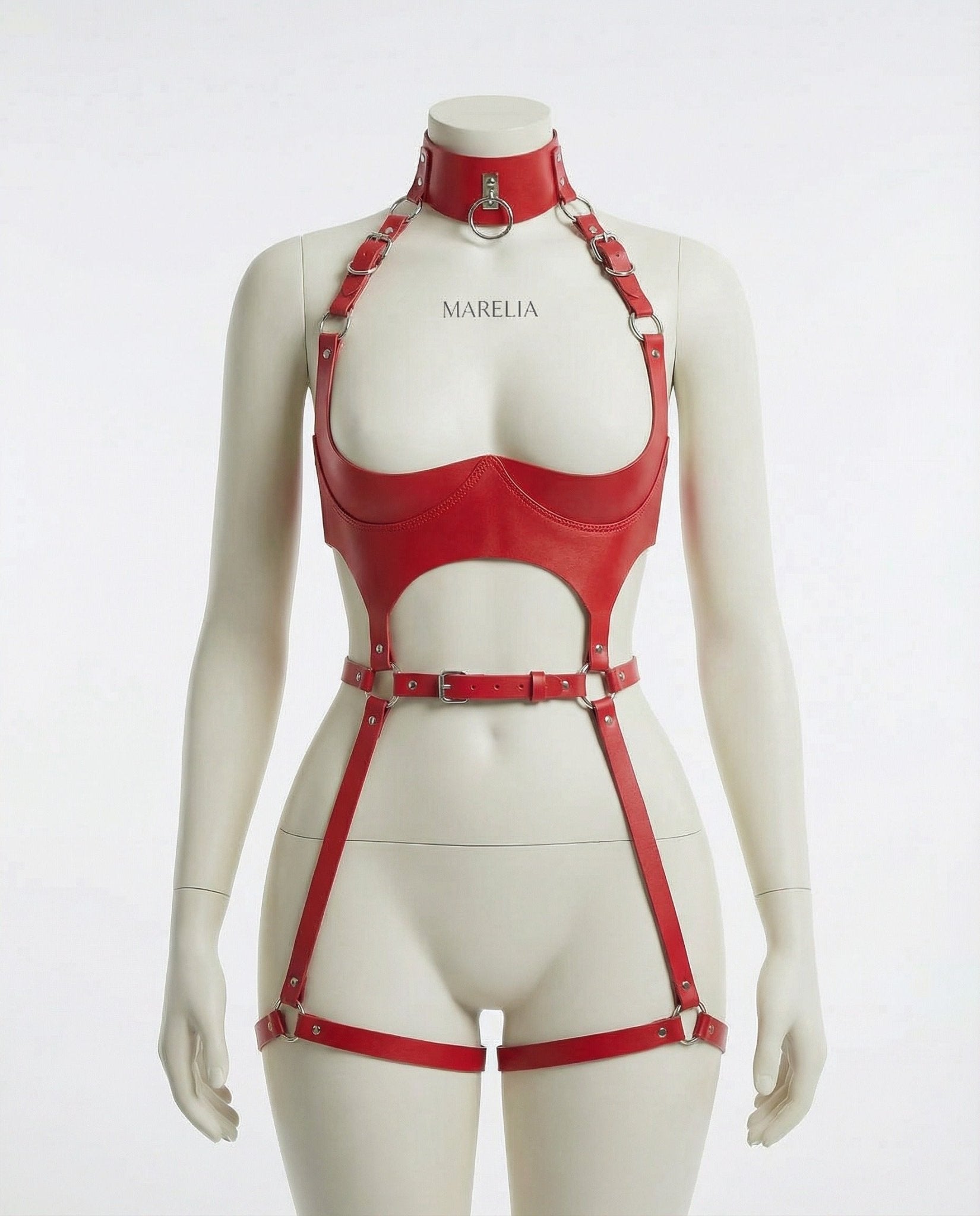 Red Open Cup PU Leather Body Harness - MARELIA