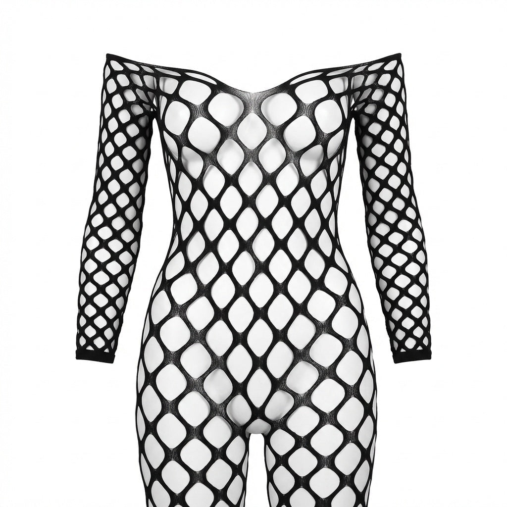 Black Oval Net Open Cup Crotchless Bodystocking - MARELIA