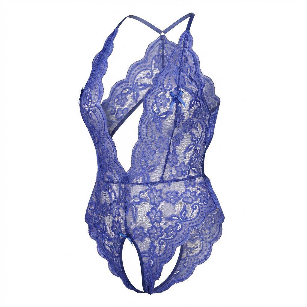 Blue Plus Size Deep V Lace Crotchless Bodysuit - MARELIA