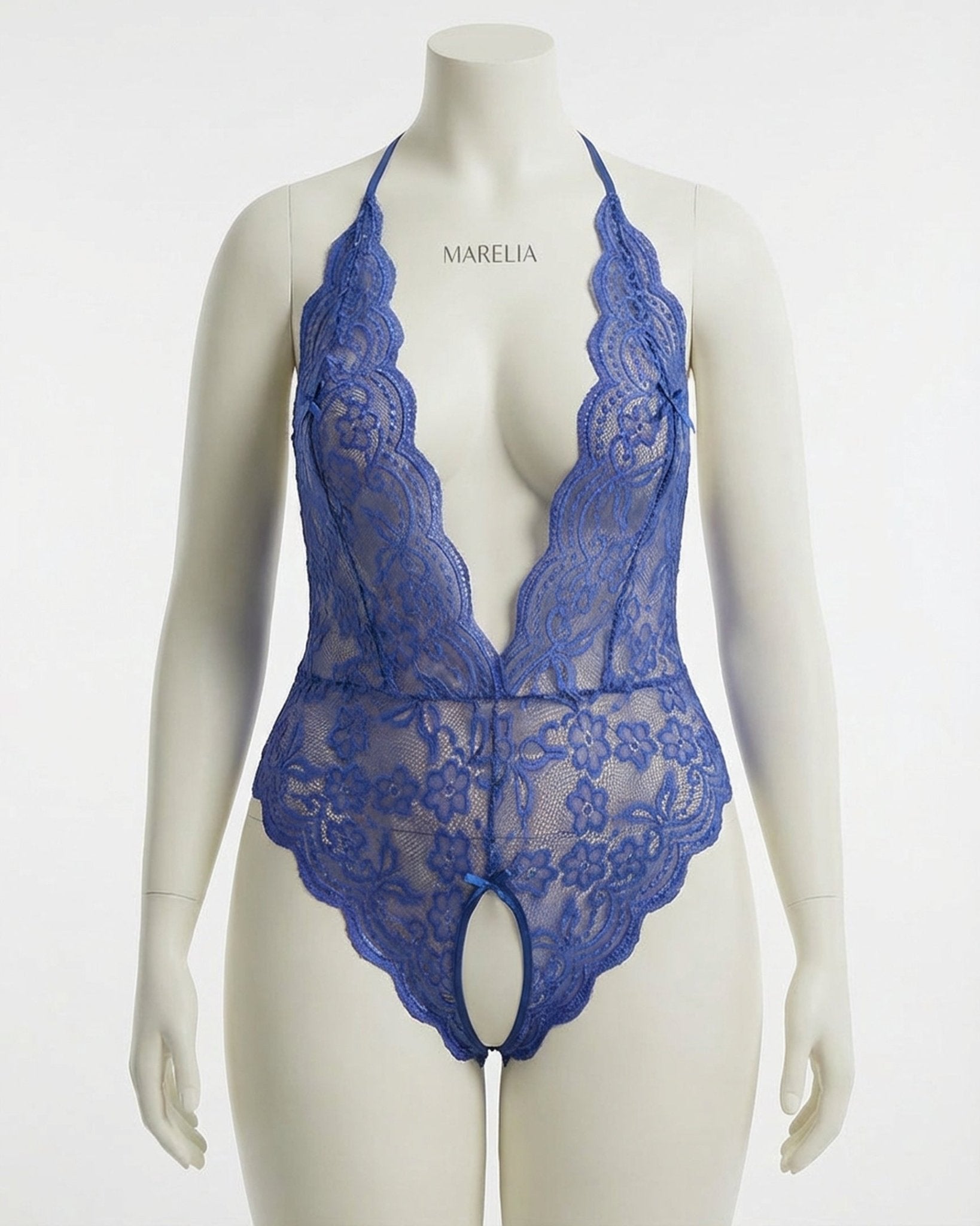 Blue Plus Size Deep V Lace Crotchless Bodysuit - MARELIA