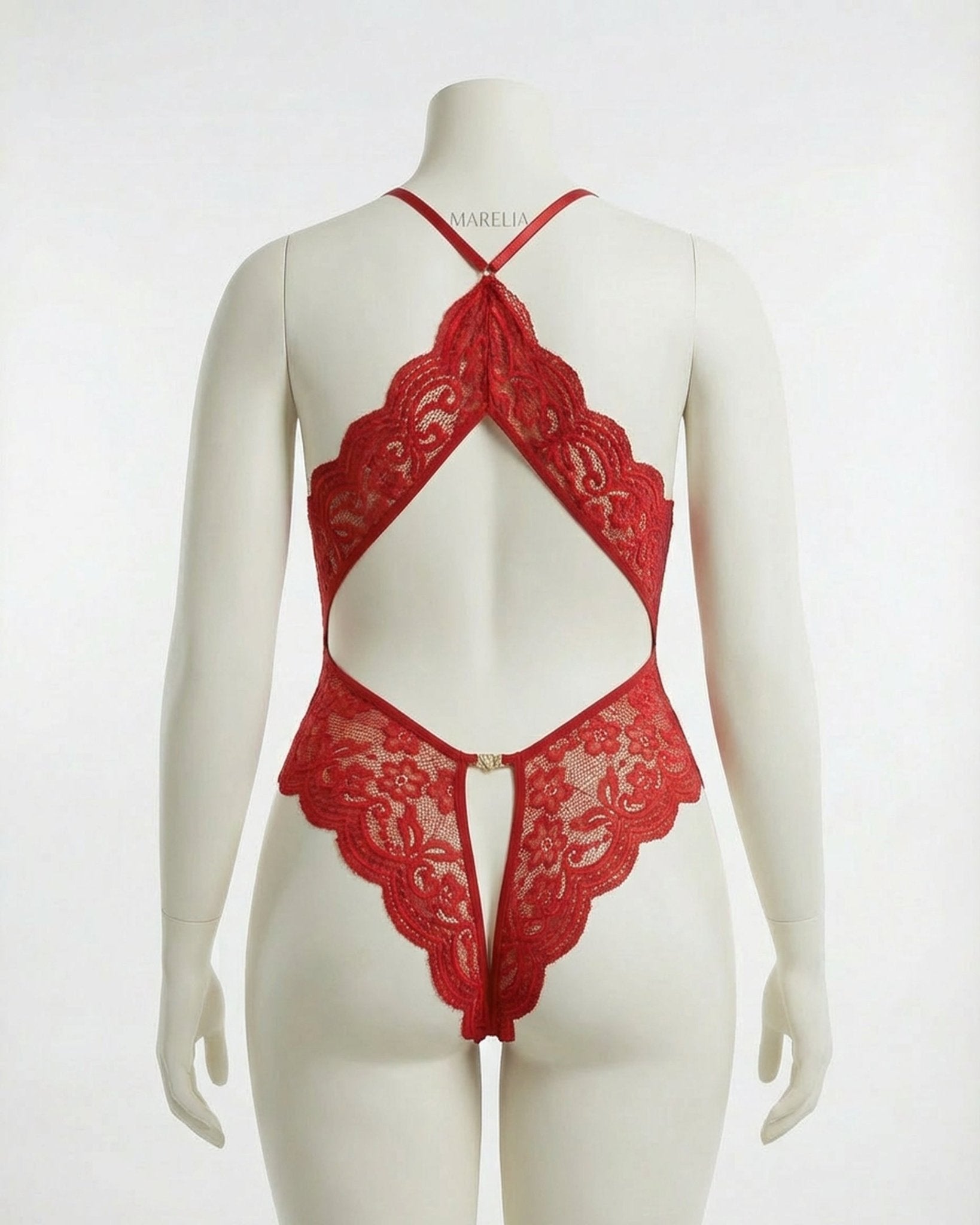 Red Plus Size Deep V Lace Crotchless Bodysuit - MARELIA