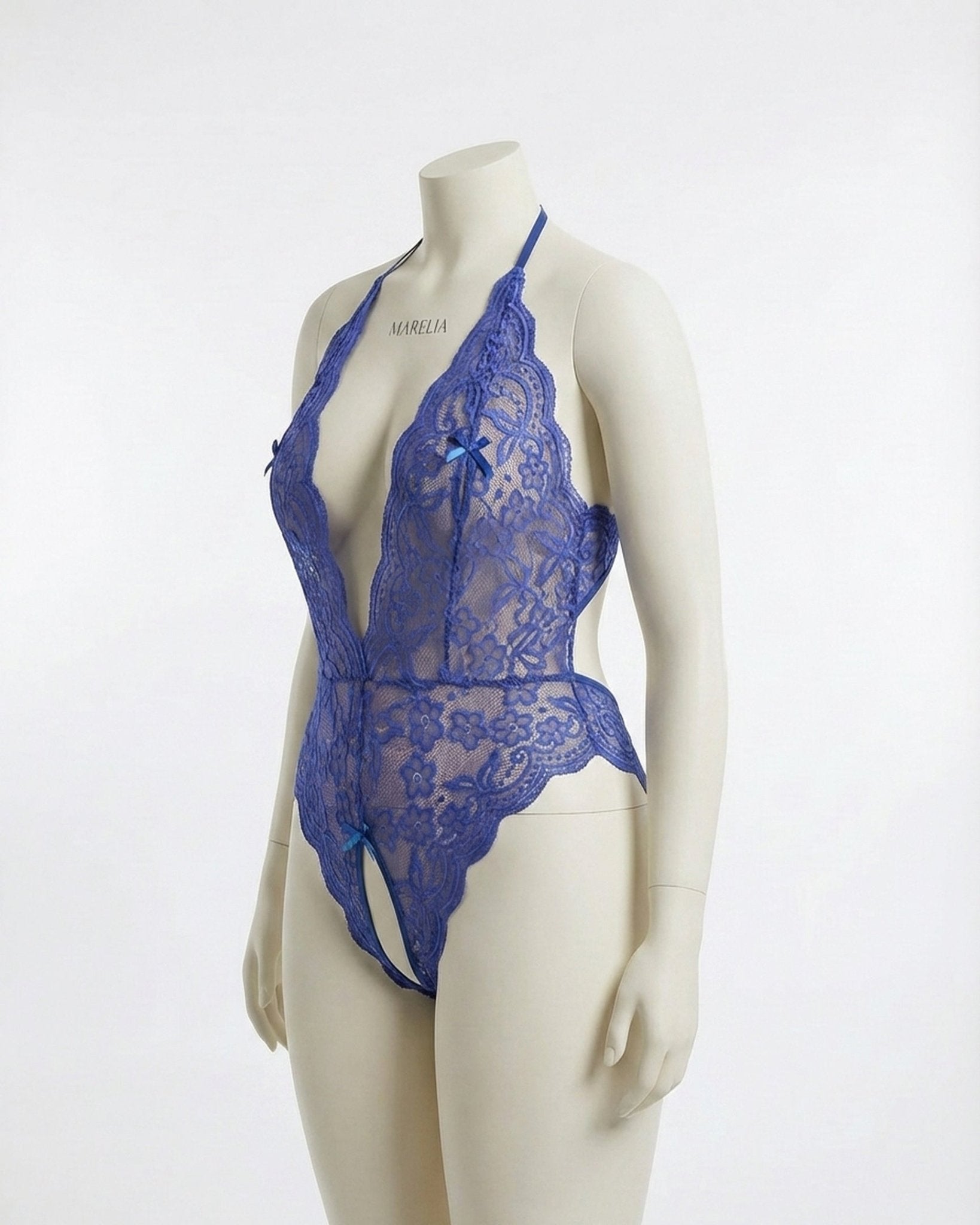 Blue Plus Size Deep V Lace Crotchless Bodysuit - MARELIA