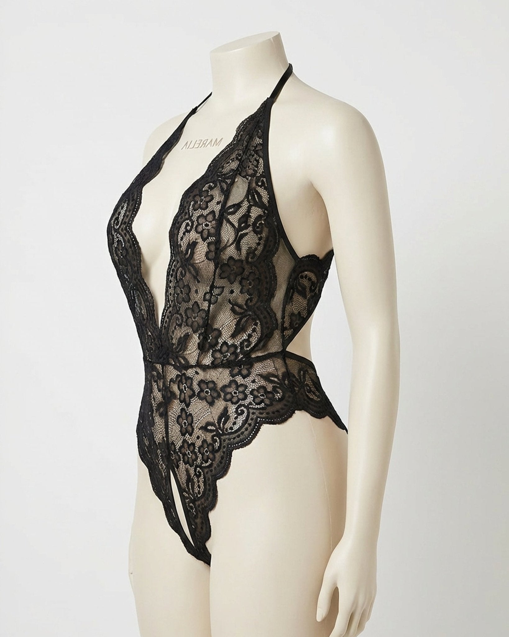 Black Plus Size Deep V Lace Crotchless Bodysuit - MARELIA