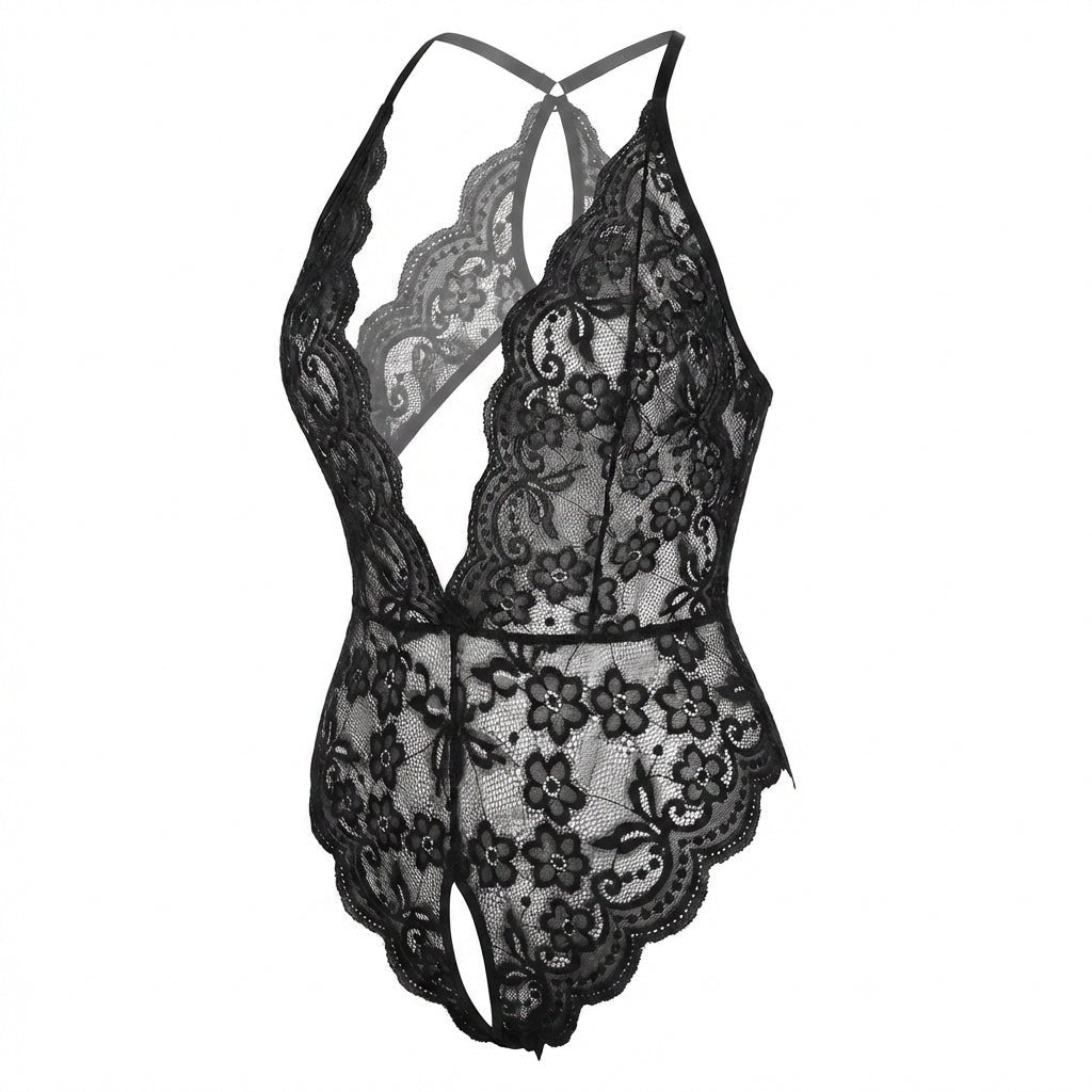 Black Plus Size Deep V Lace Crotchless Bodysuit - MARELIA