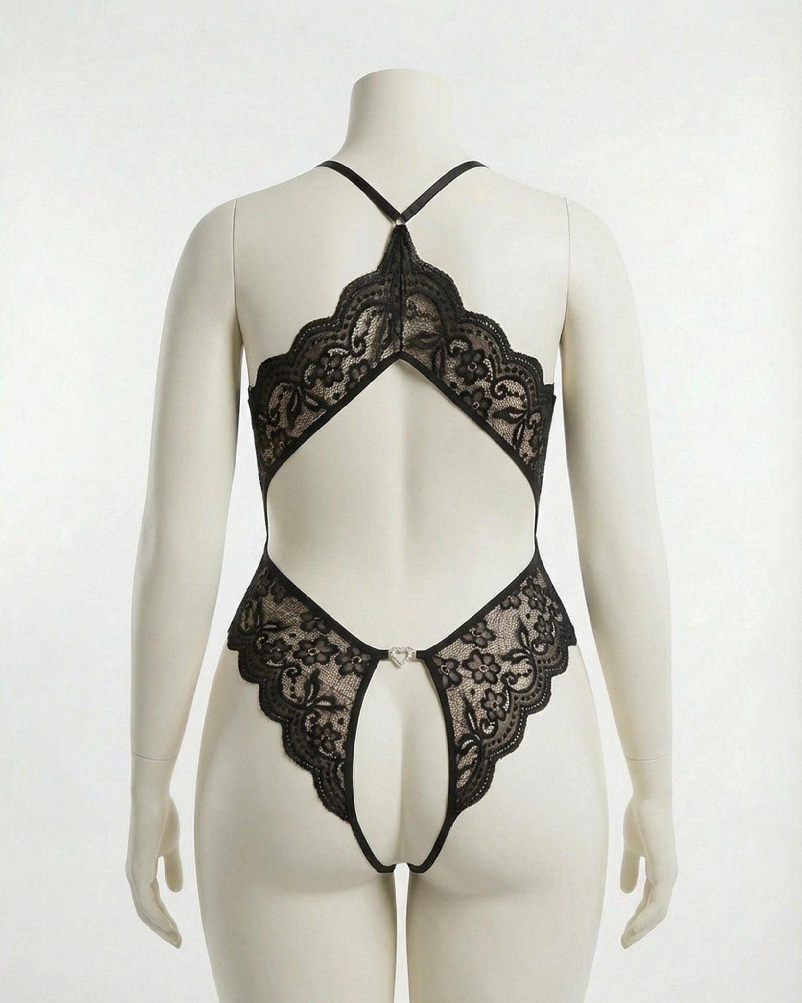 Black Plus Size Deep V Lace Crotchless Bodysuit - MARELIA