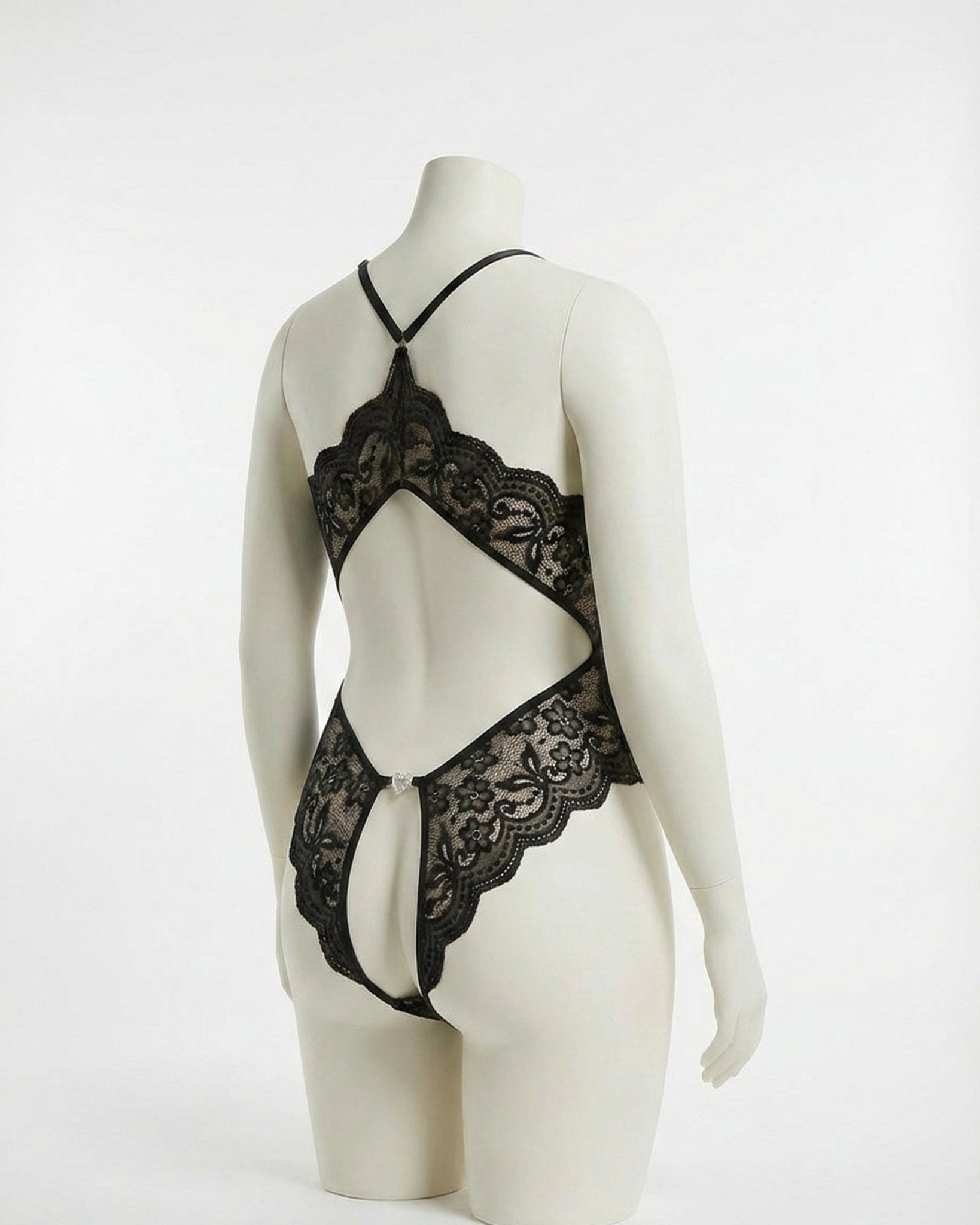 Black Plus Size Deep V Lace Crotchless Bodysuit - MARELIA
