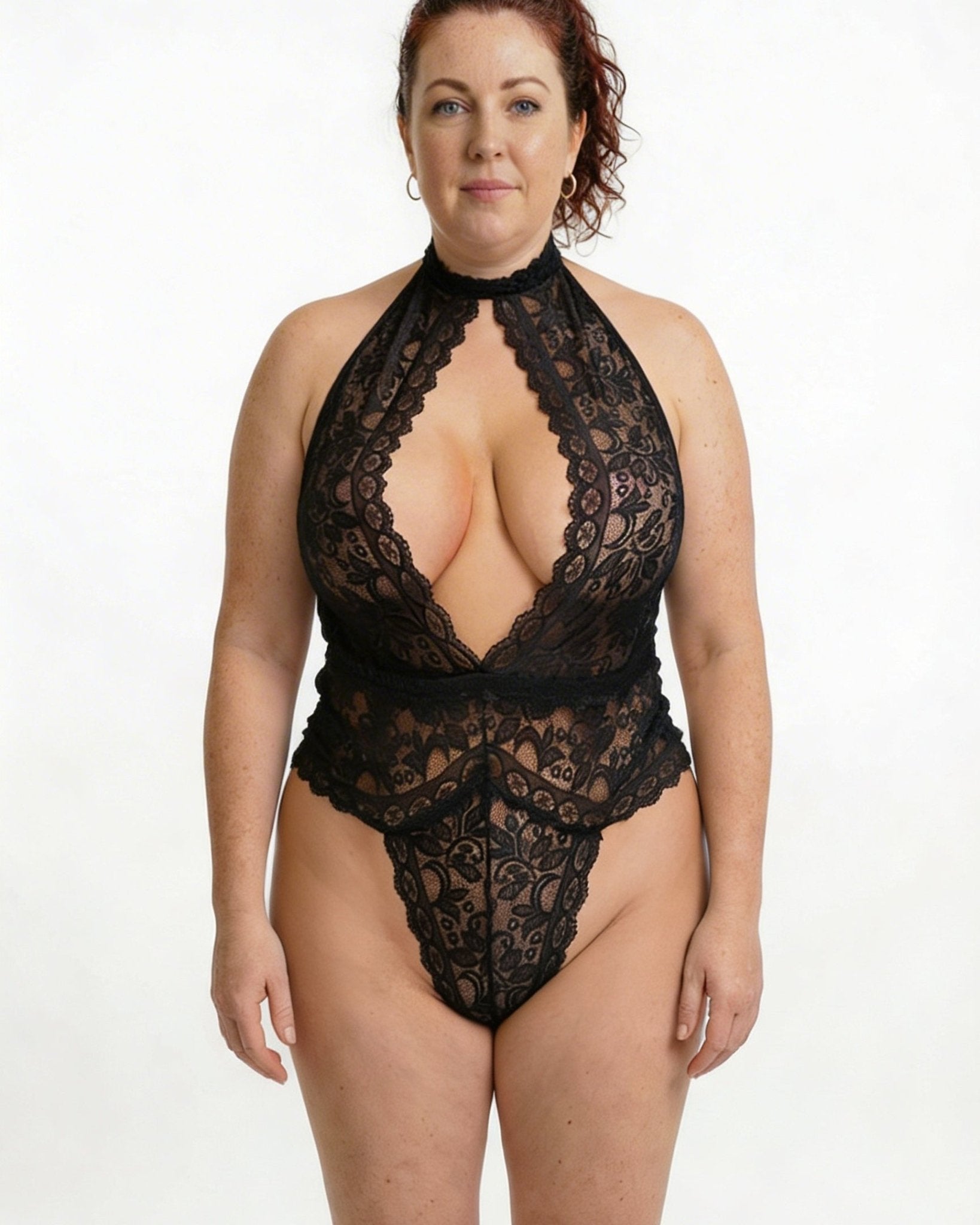 Black Plus Size Lace Halter Plunge Teddy - MARELIA