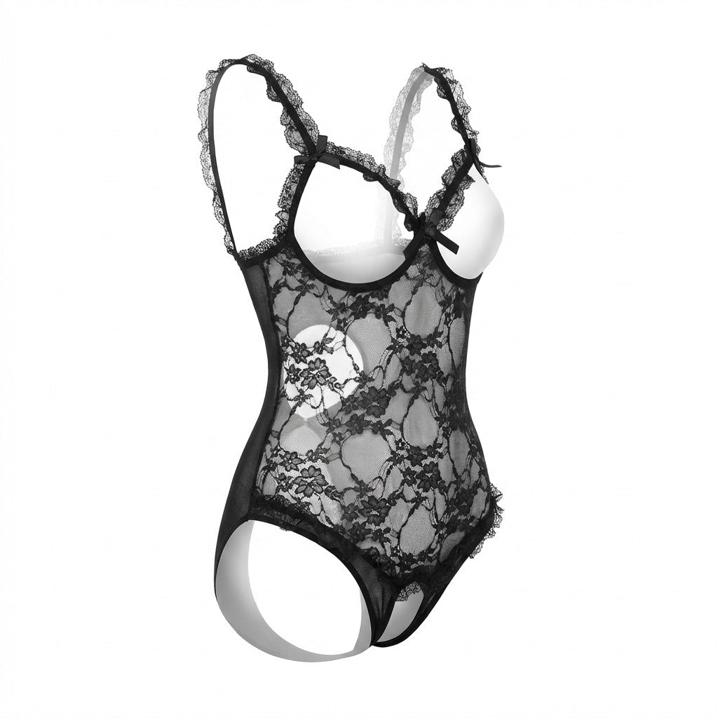 Black Plus Size Ruffle Lace Open Cup Crotchless Bodysuit - MARELIA