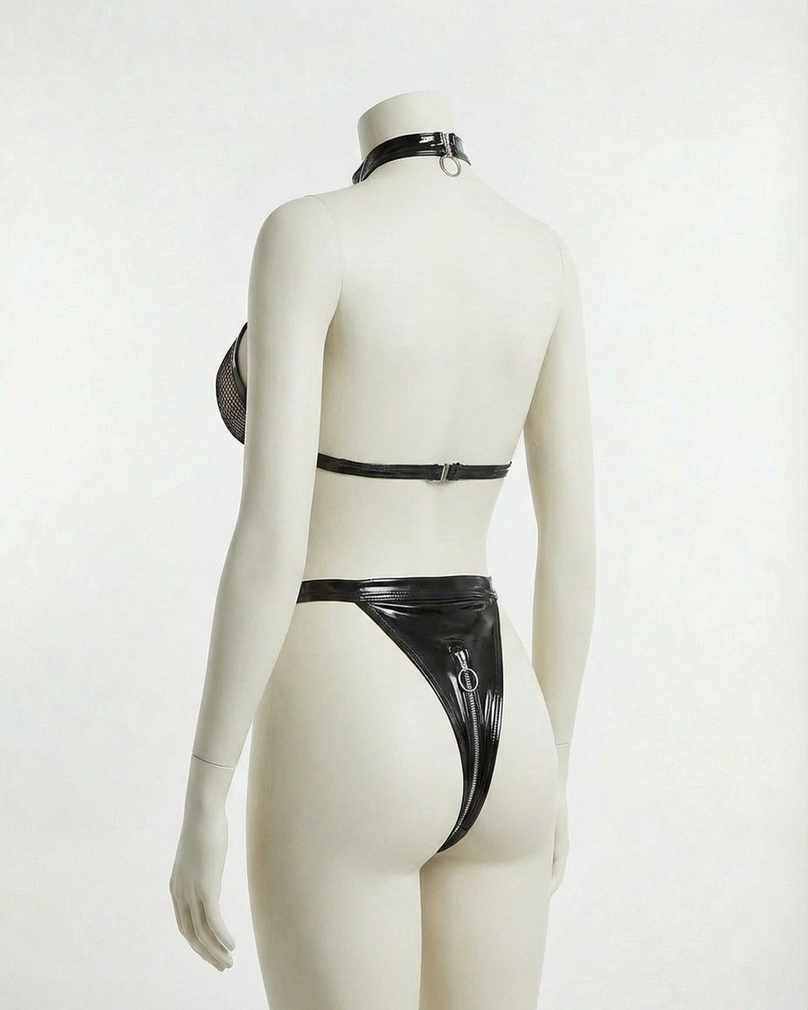 Black PU Leather Open Cup Halter Teddy - MARELIA