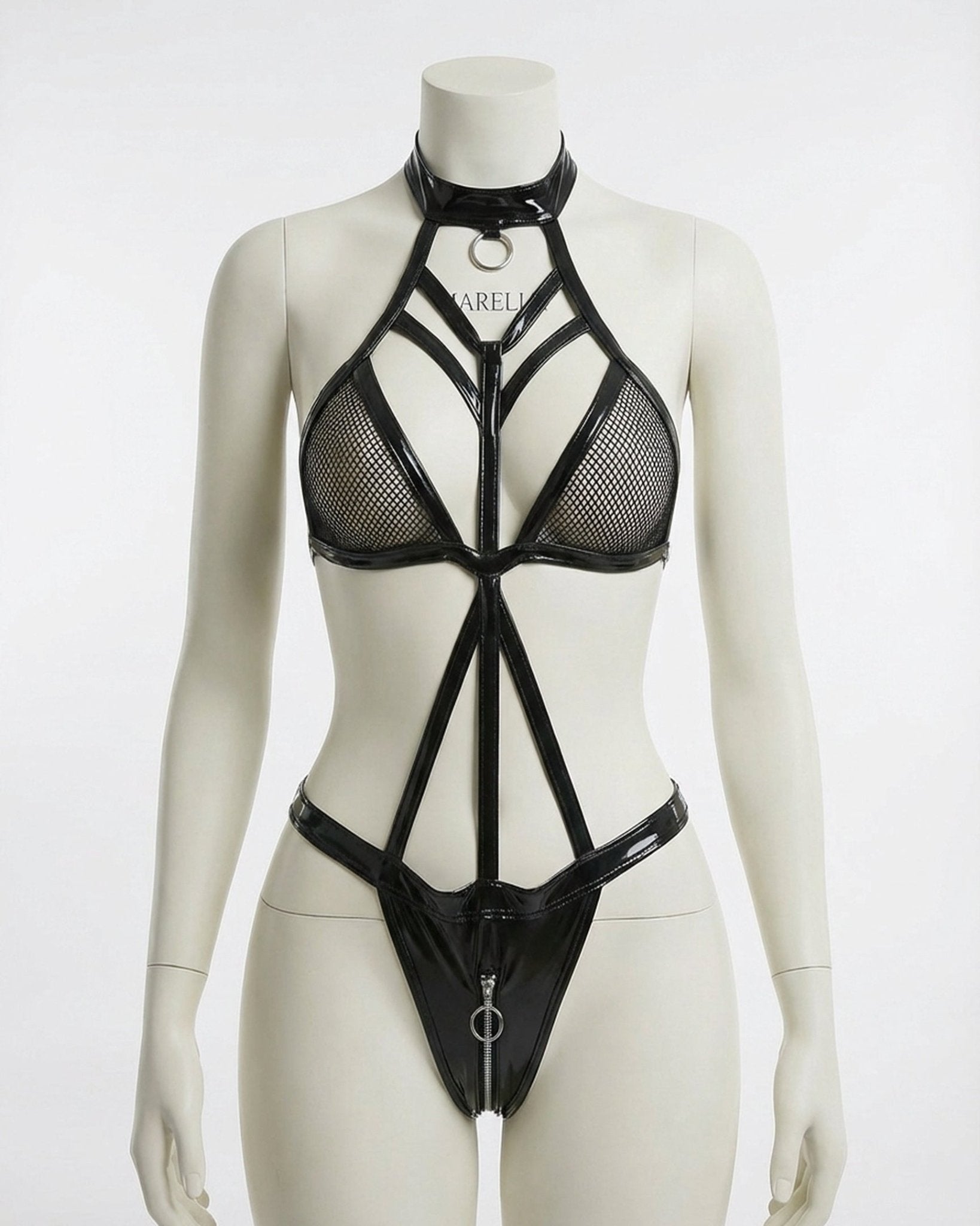 Black PU Leather Open Cup Halter Teddy - MARELIA