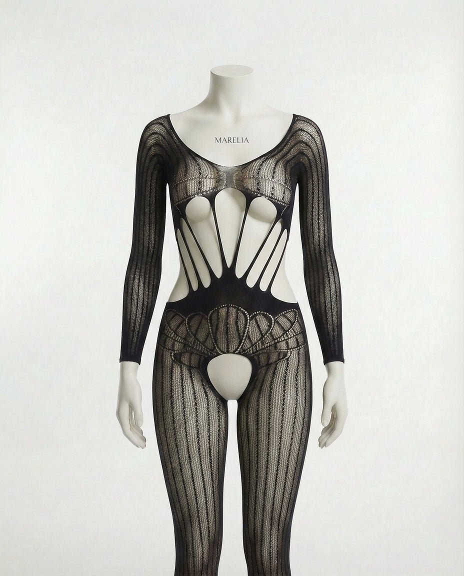 Black Ribbed Knit Open Cup Crotchless Bodystocking - MARELIA