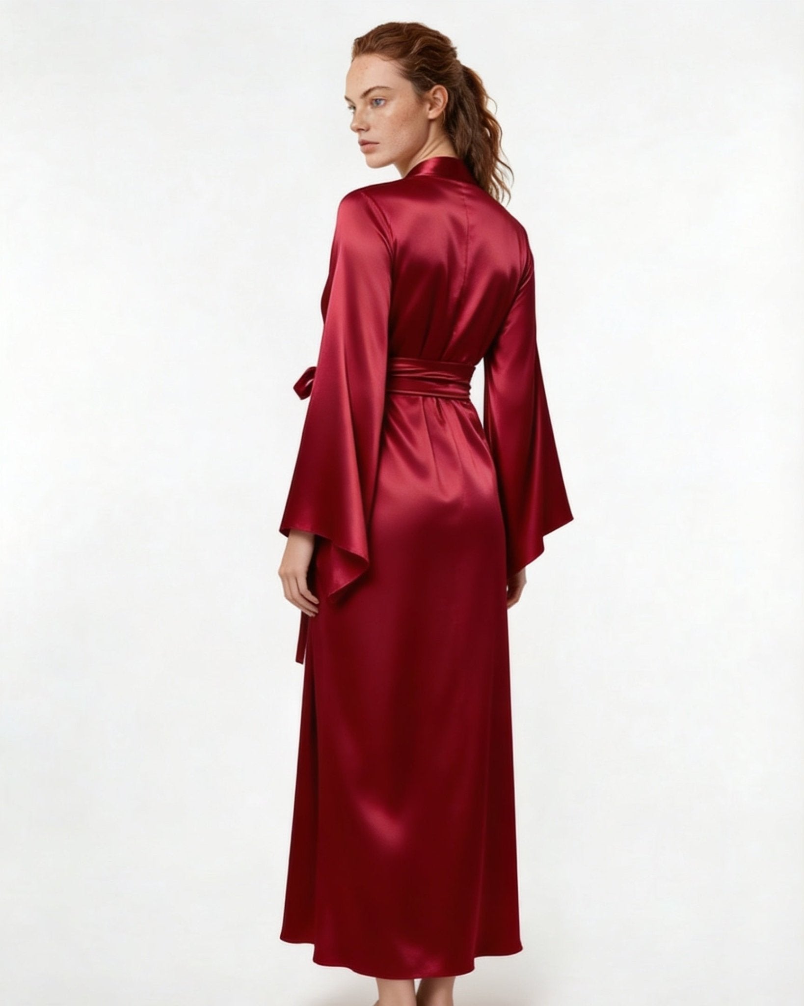 Burgundy Satin Wrap Kimono Robe With Sash - MARELIA