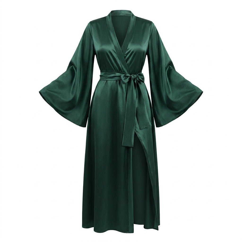 Dark Green Satin Wrap Kimono Robe With Sash - MARELIA
