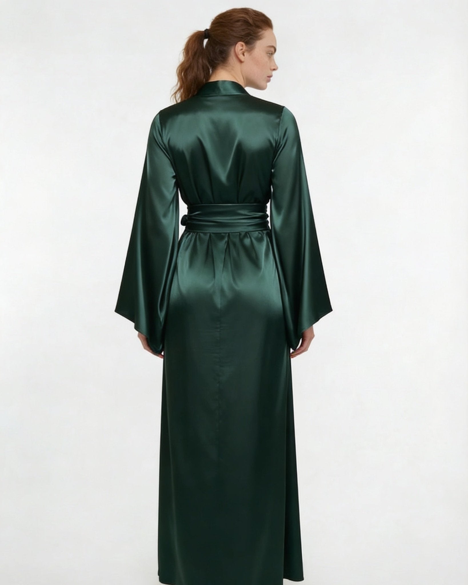 Dark Green Satin Wrap Kimono Robe With Sash - MARELIA