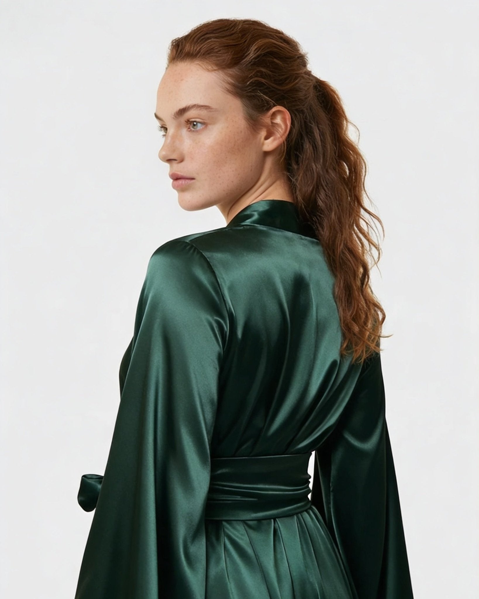 Dark Green Satin Wrap Kimono Robe With Sash - MARELIA