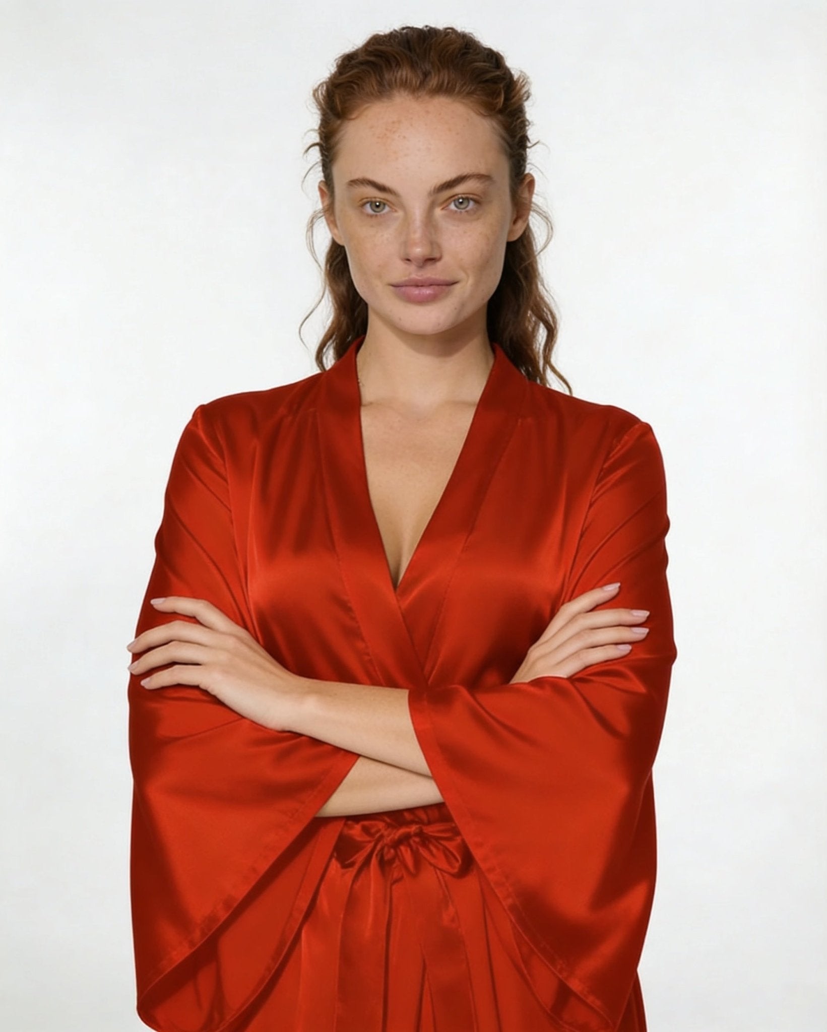 Red Satin Wrap Kimono Robe With Sash - MARELIA