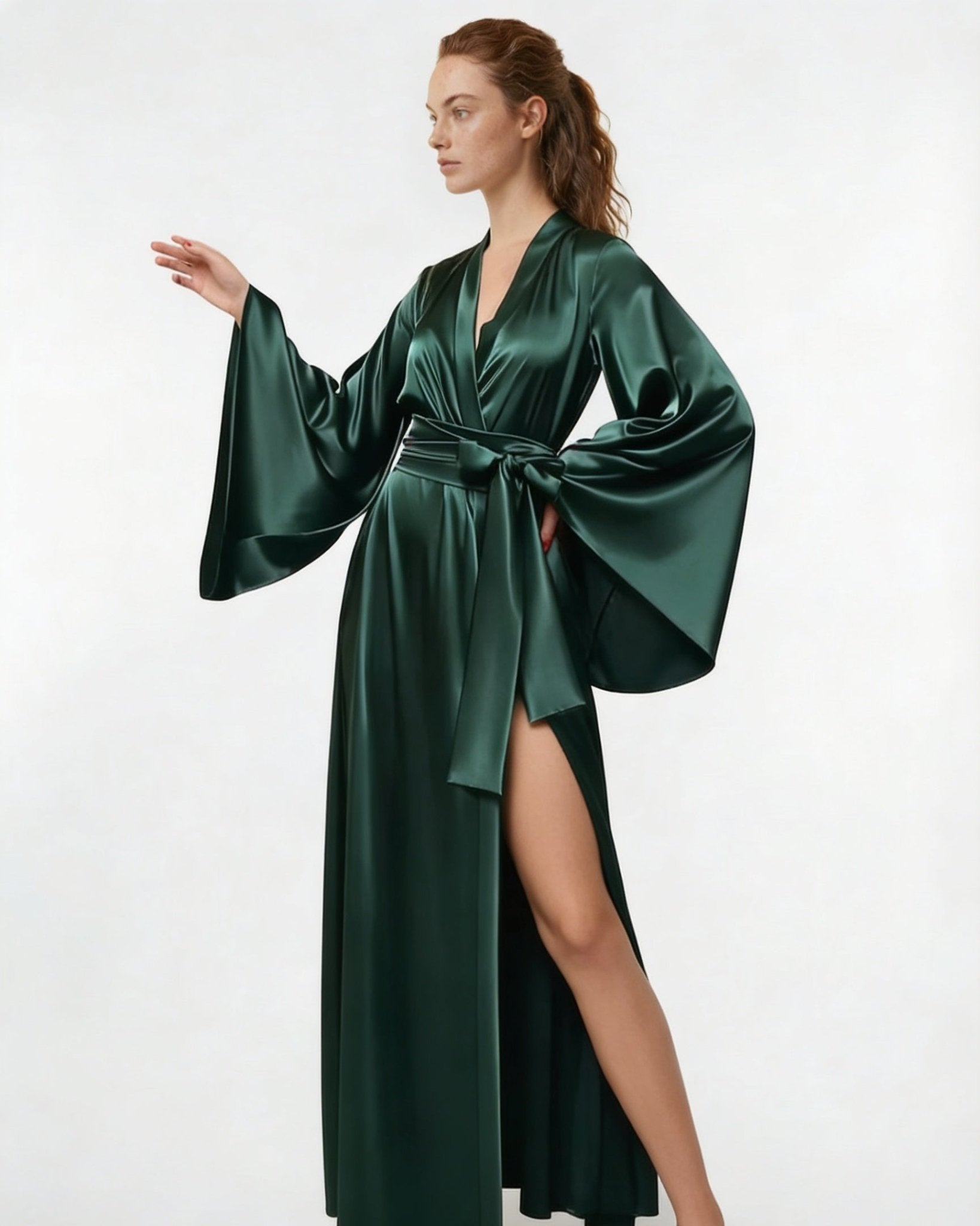 Dark Green Satin Wrap Kimono Robe With Sash - MARELIA
