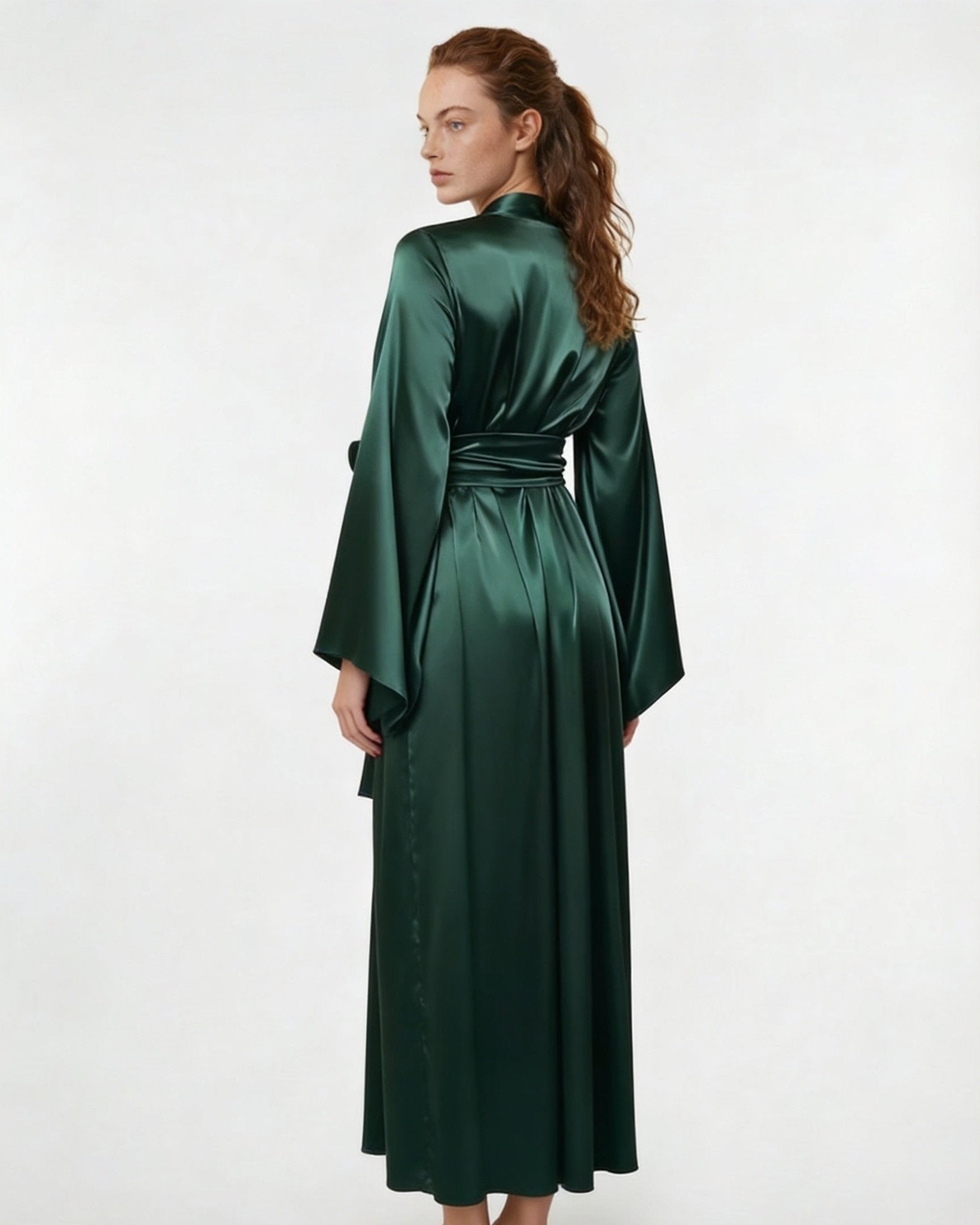 Dark Green Satin Wrap Kimono Robe With Sash - MARELIA
