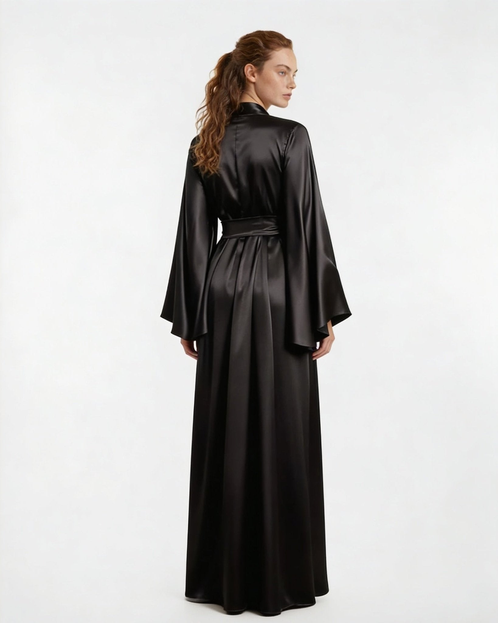 Black Satin Wrap Kimono Robe With Sash - MARELIA