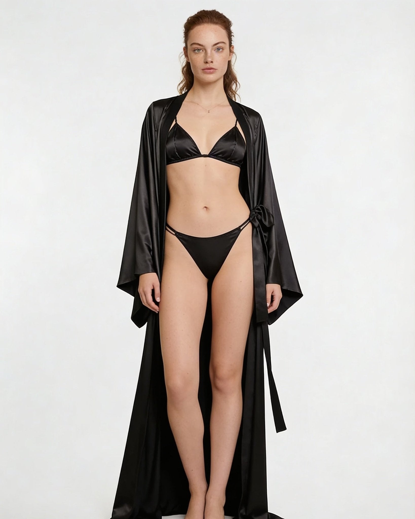 Black Satin Wrap Kimono Robe With Sash - MARELIA