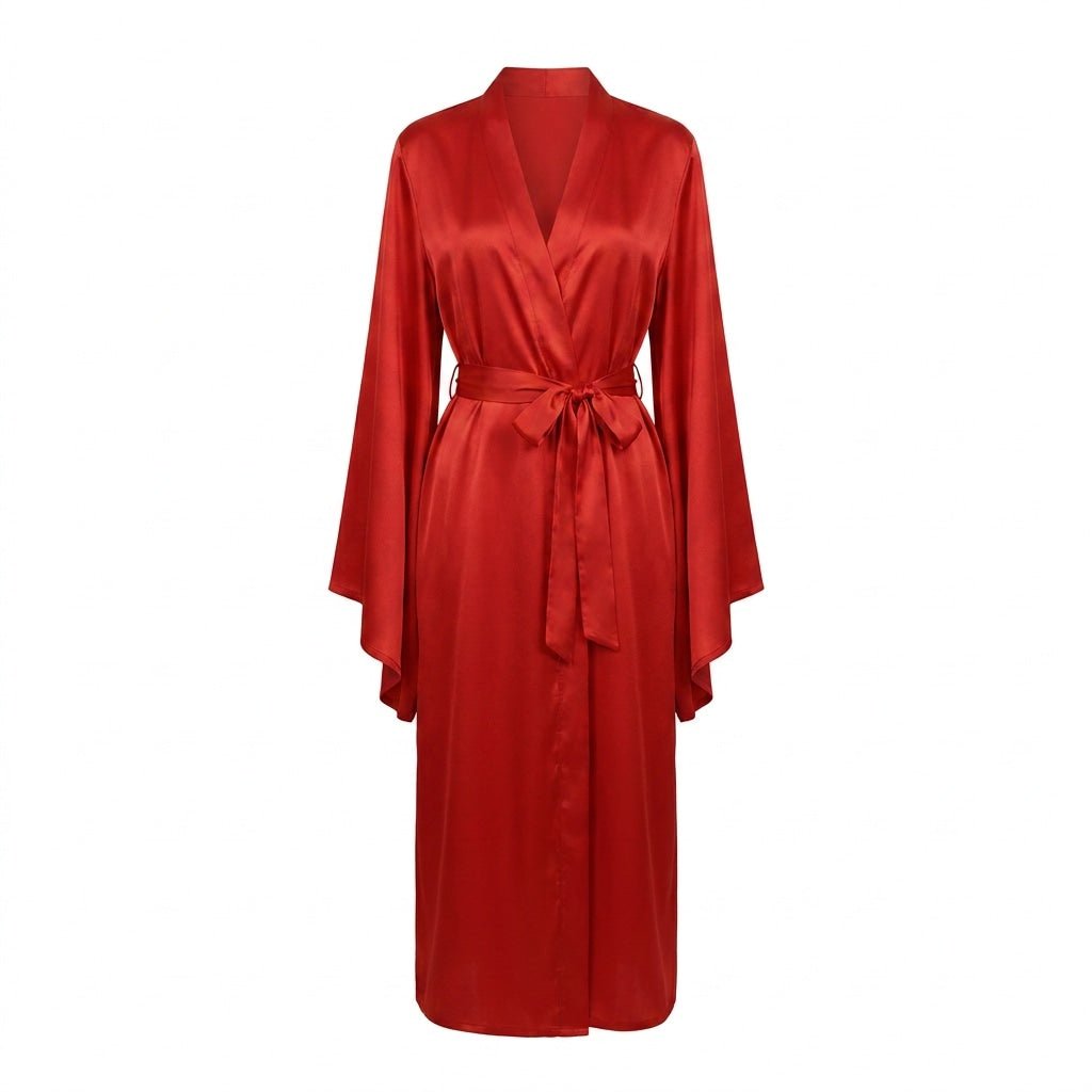 Red Satin Wrap Kimono Robe With Sash - MARELIA
