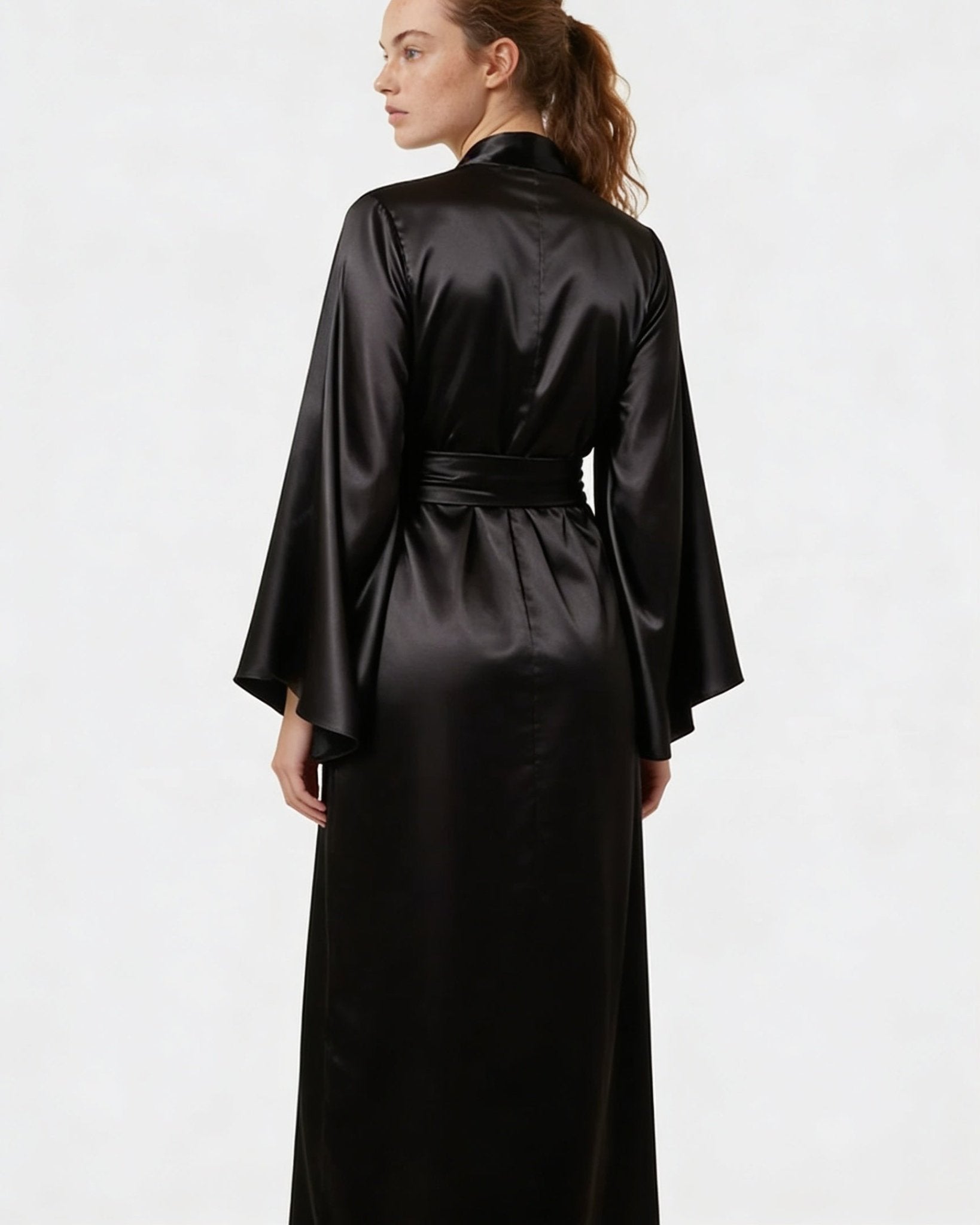 Black Satin Wrap Kimono Robe With Sash - MARELIA