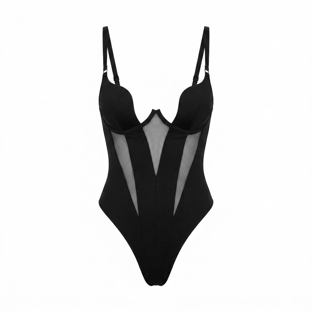 Black Seamless Mesh V Bodysuit - MARELIA