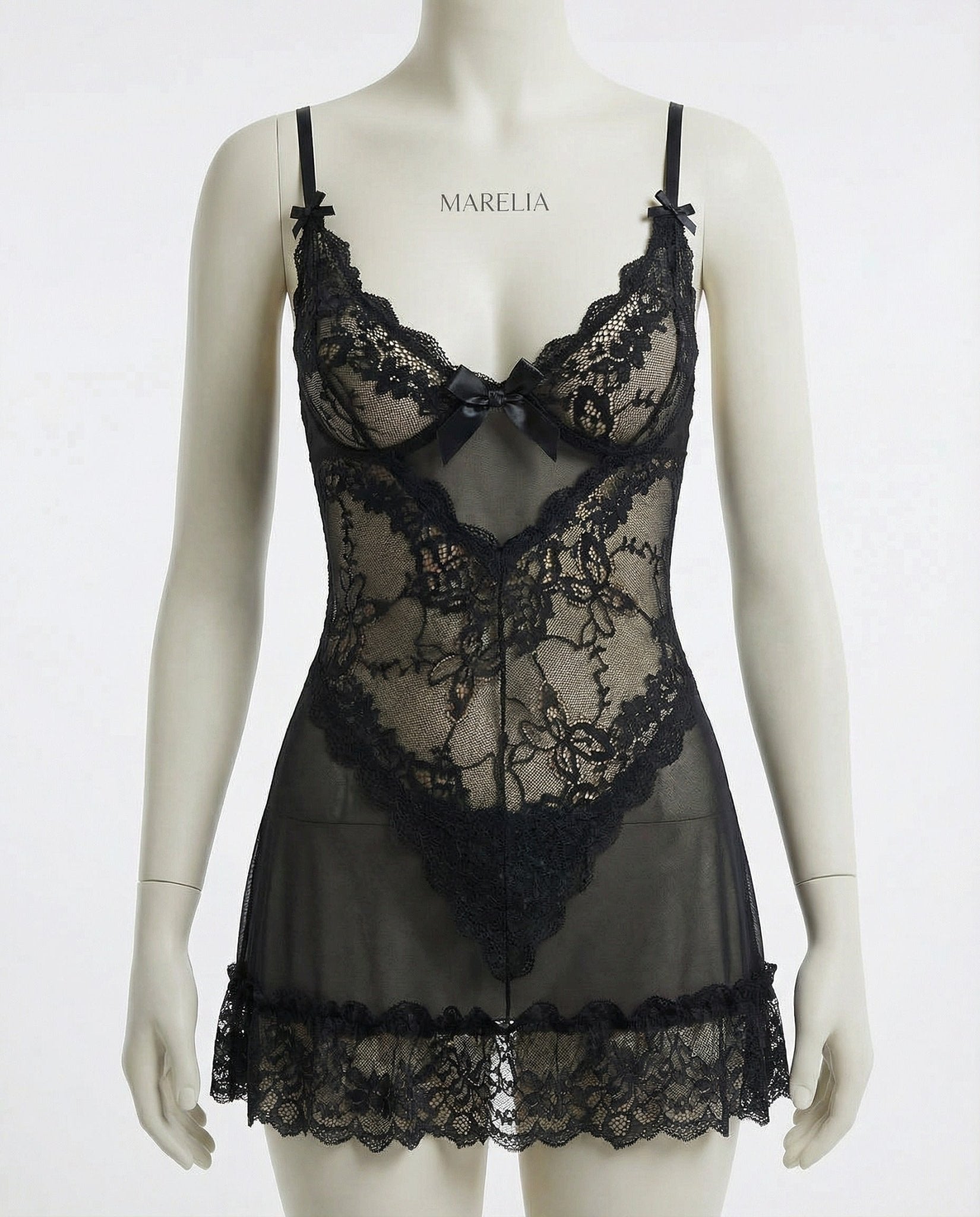 Black Sheer Mesh Lace Chemise With G-String - MARELIA