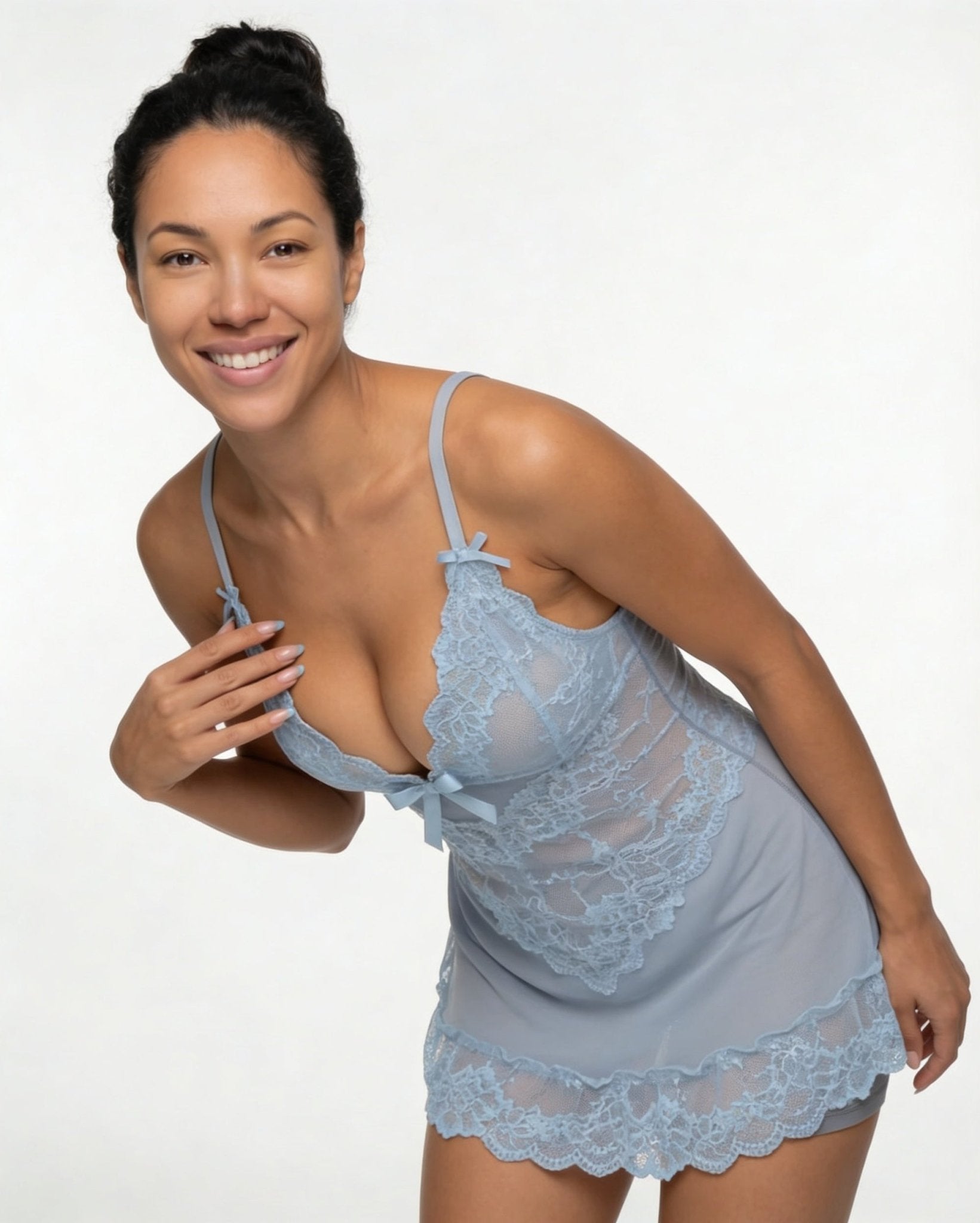 Baby Blue Sheer Mesh Lace Chemise With G-String - MARELIA