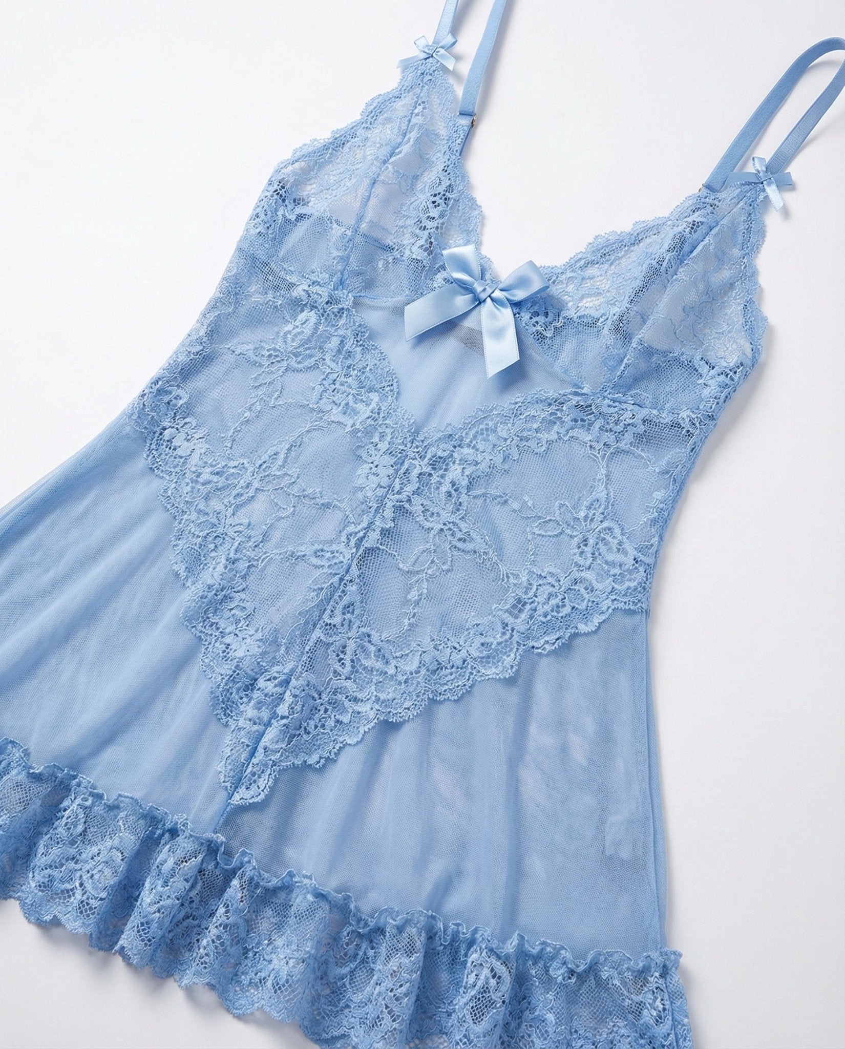 Baby Blue Sheer Mesh Lace Chemise With G-String - MARELIA