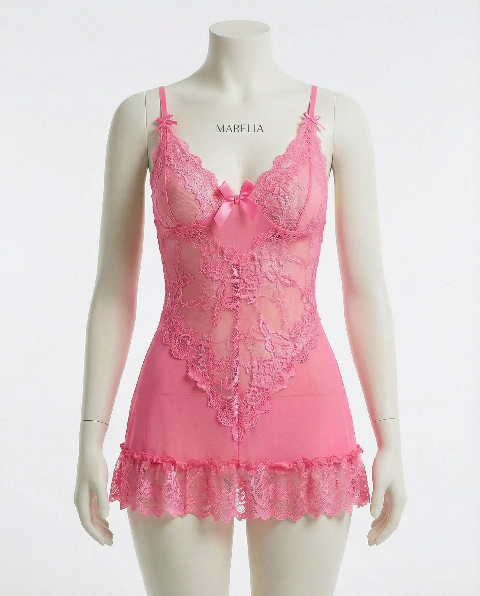 Pink Sheer Mesh Lace Chemise With G-String - MARELIA