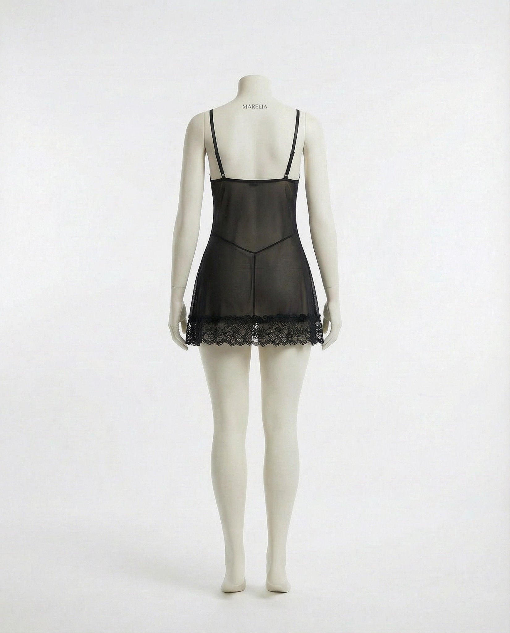 Black Sheer Mesh Lace Chemise With G-String - MARELIA