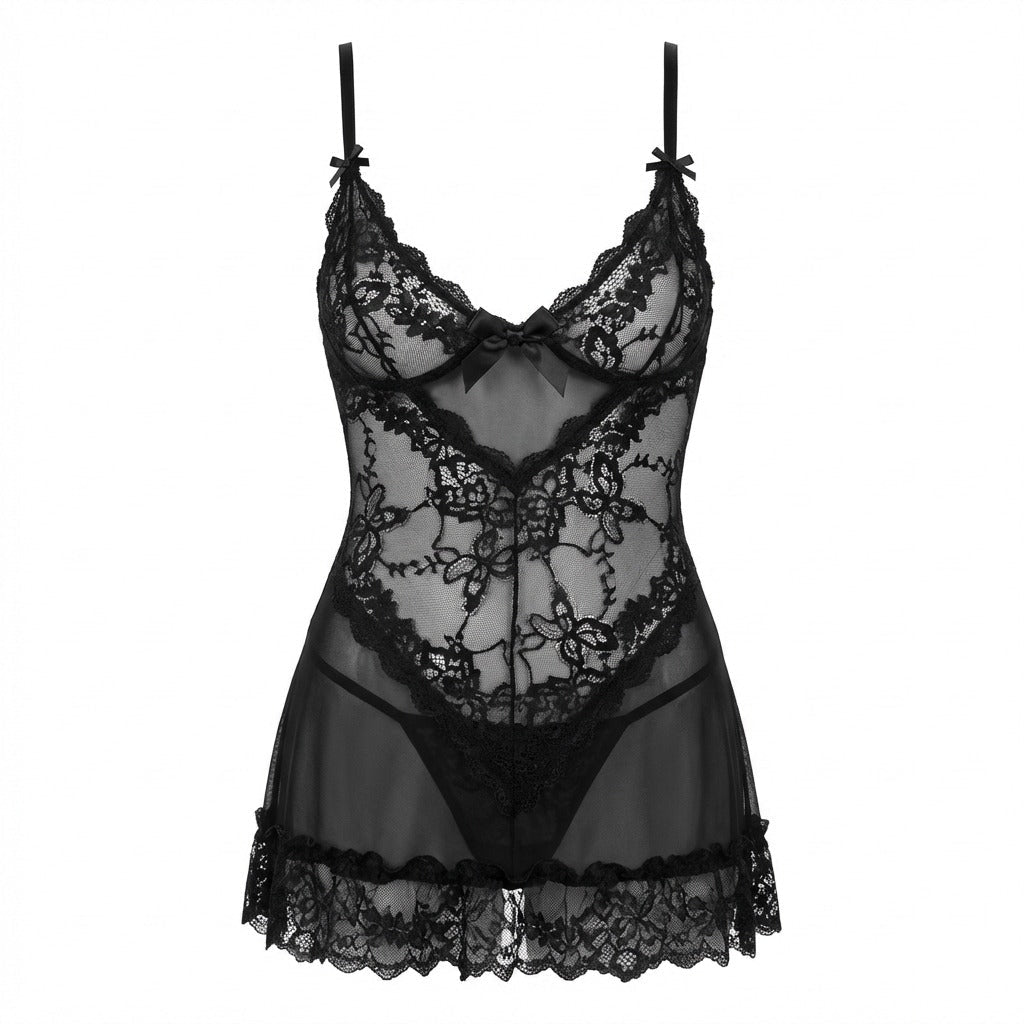 Black Sheer Mesh Lace Chemise With G-String - MARELIA