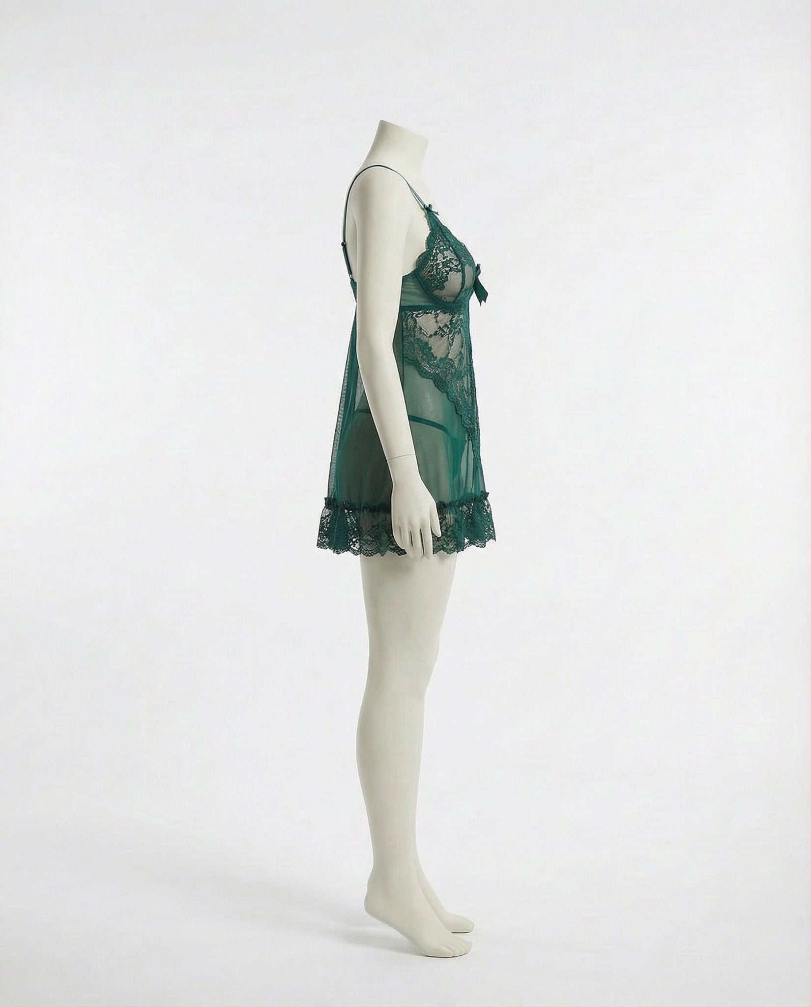 Green Sheer Mesh Lace Chemise With G-String - MARELIA