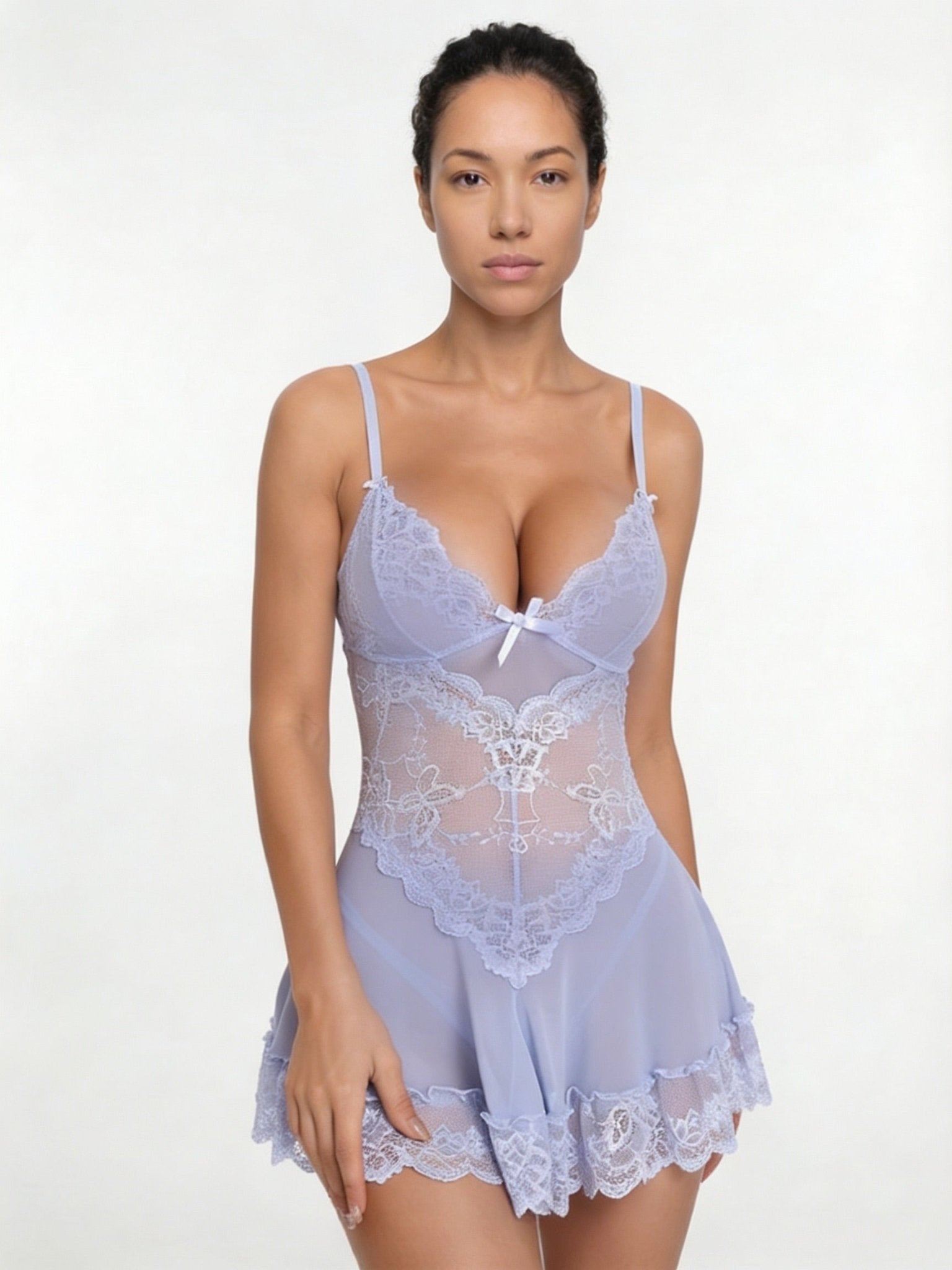 Lilac Sheer Mesh Lace Chemise With G-String - MARELIA