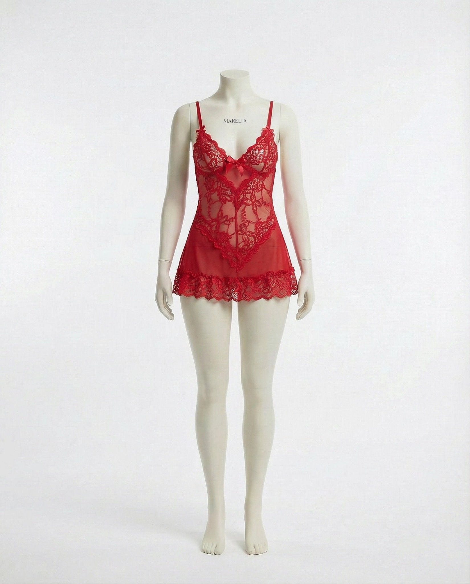 Red Sheer Mesh Lace Chemise With G-String - MARELIA