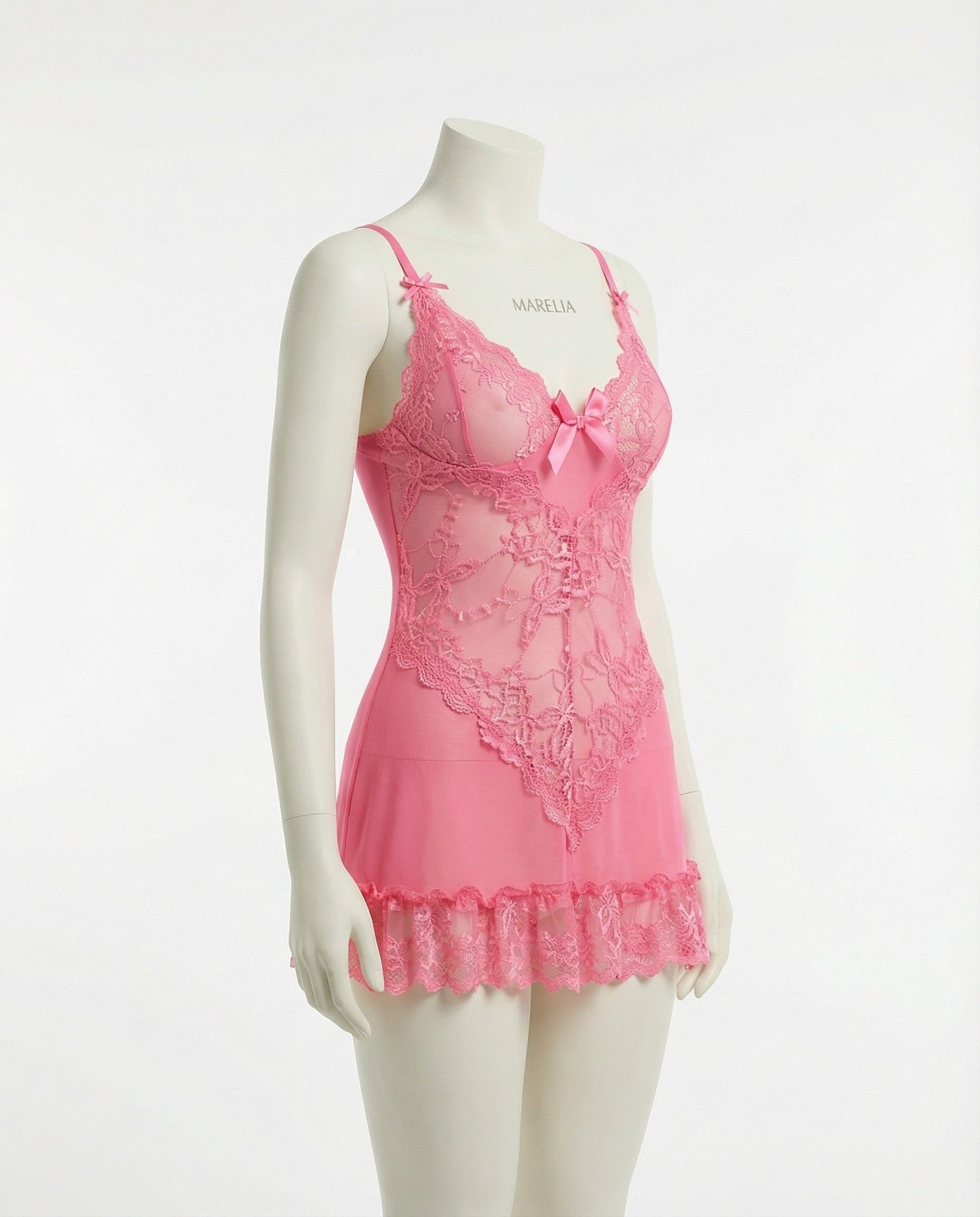 Pink Sheer Mesh Lace Chemise With G-String - MARELIA