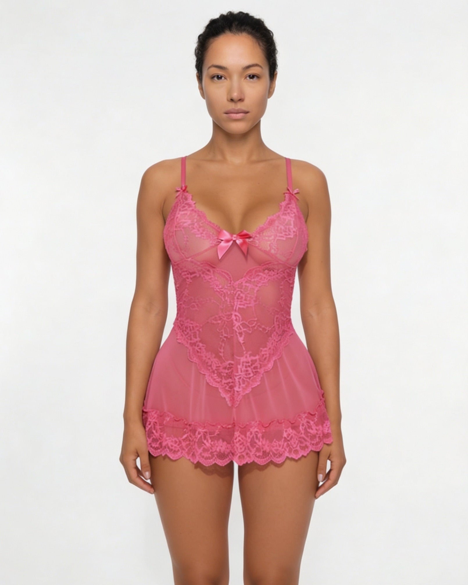 Pink Sheer Mesh Lace Chemise With G-String - MARELIA