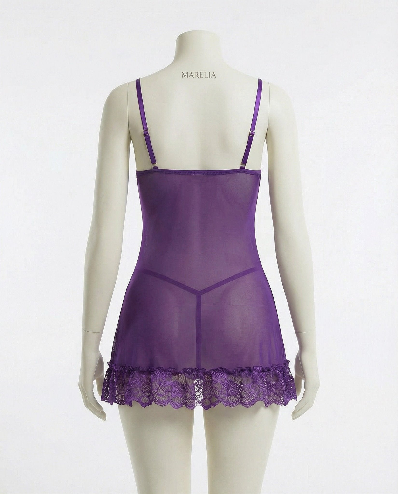 Purple Sheer Mesh Lace Chemise With G-String - MARELIA