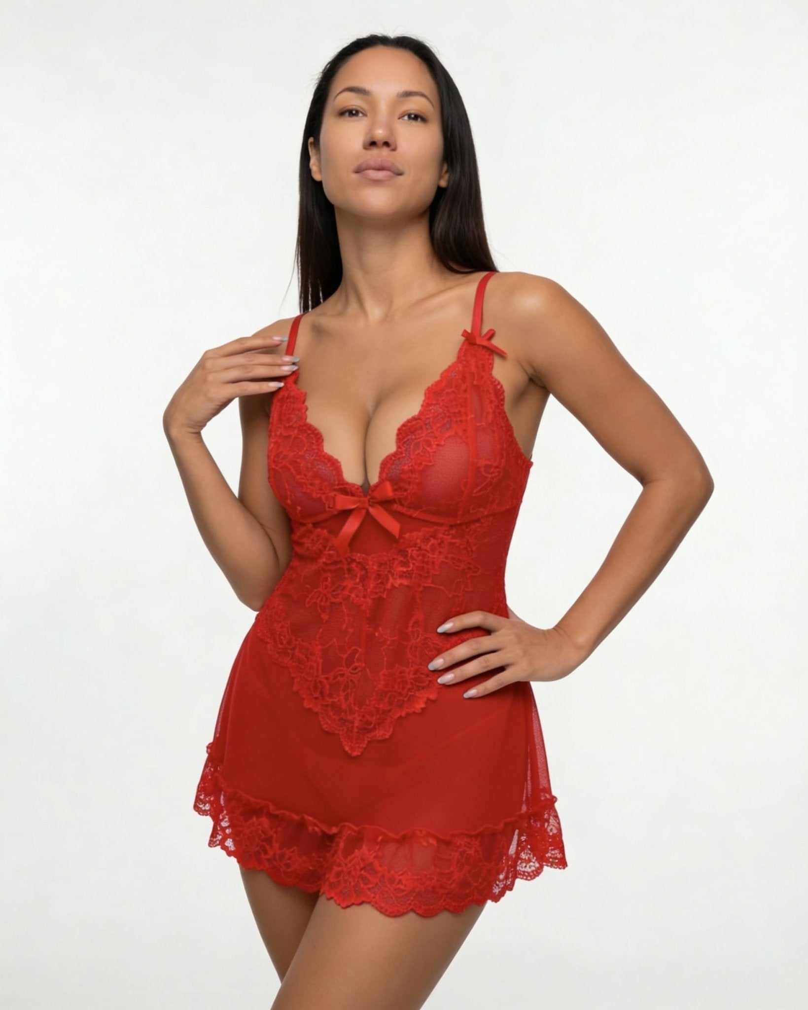 Red Sheer Mesh Lace Chemise With G-String - MARELIA